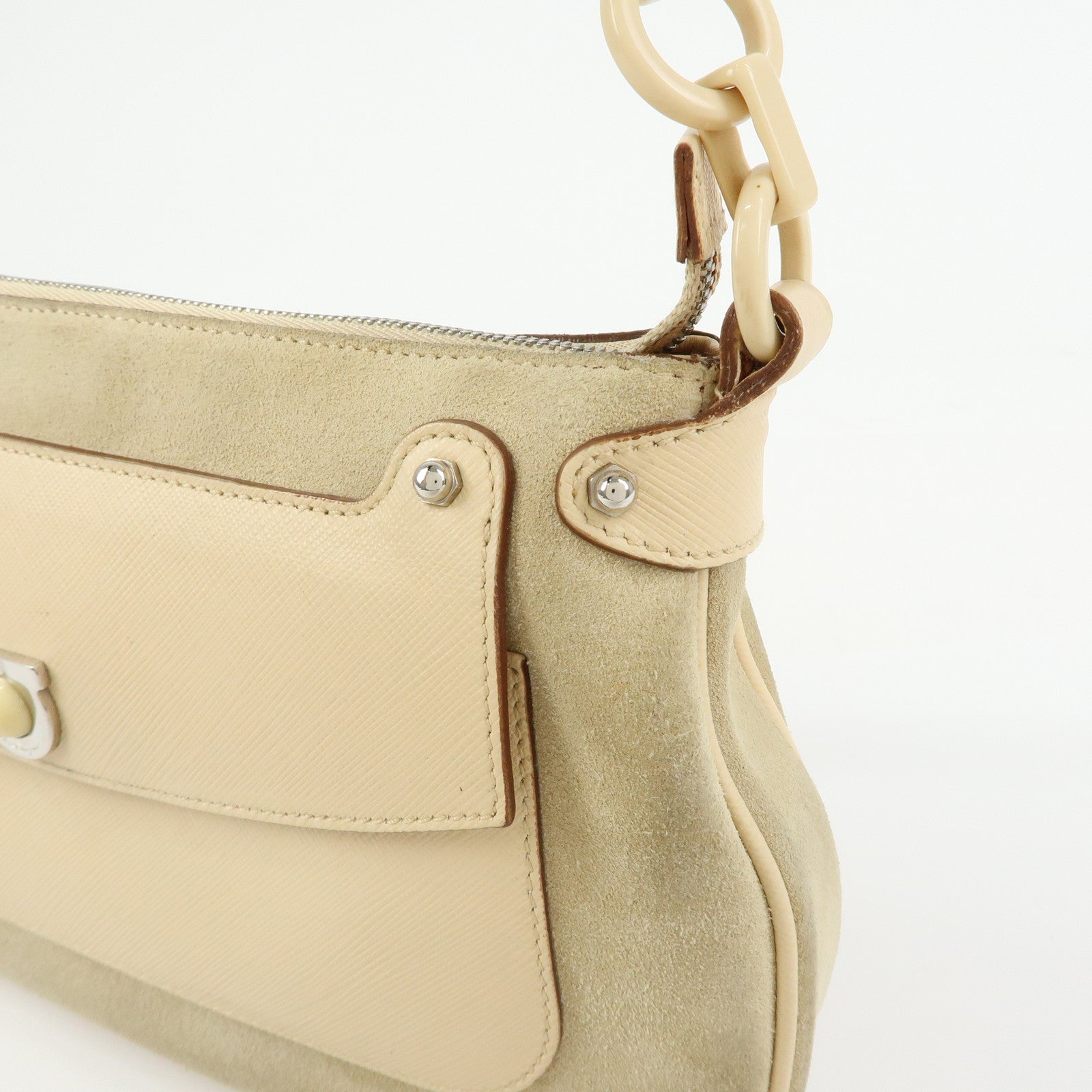 Ferragamo Gancini Suede Leather Shoulder Bag Hand Bag Beige