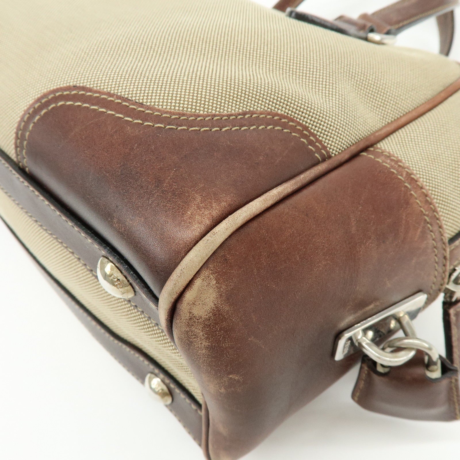 PRADA Leather Logo Jacquard Tote Bag Hand Bag Beige Brown