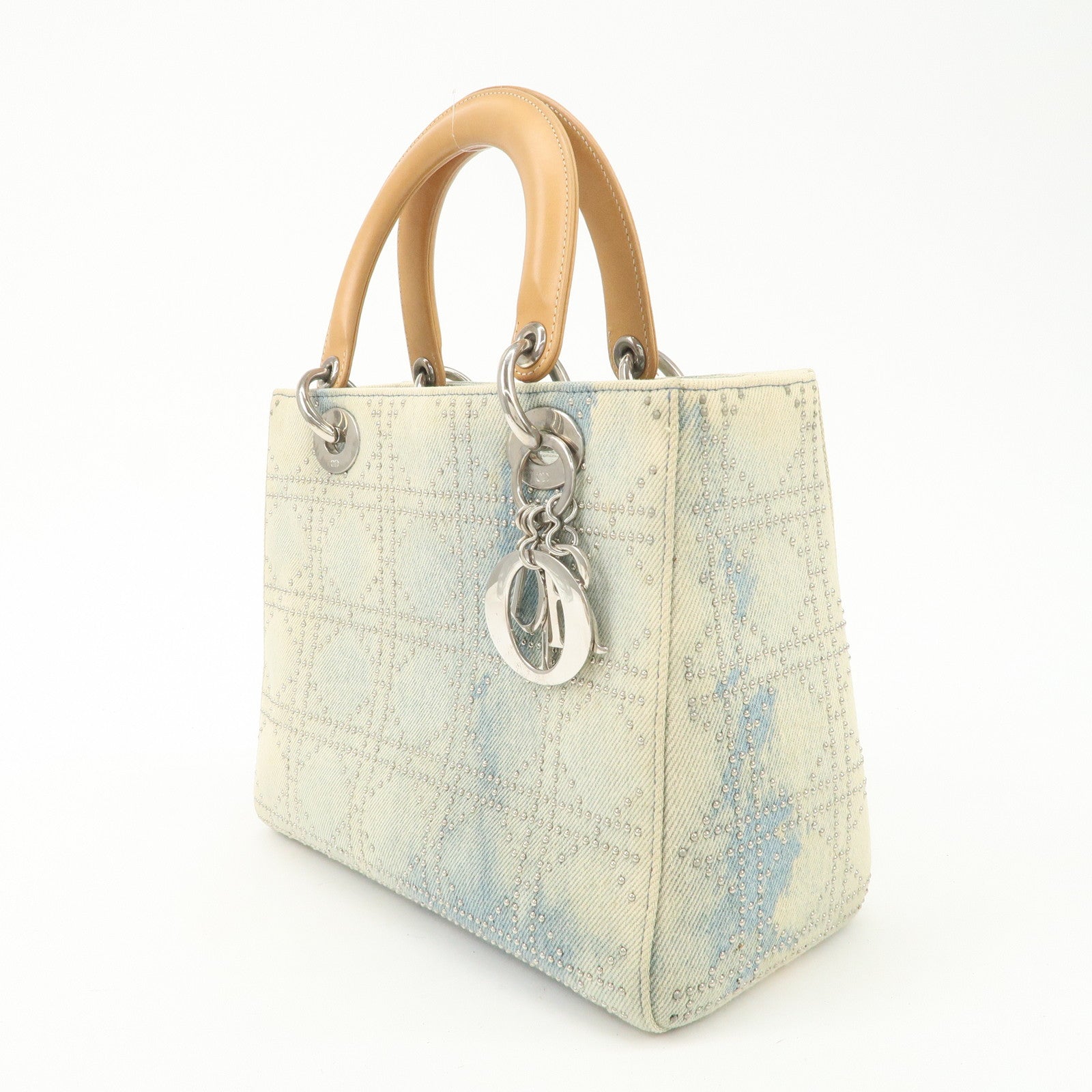 Christian Dior Cannage Leather Denim 2 Way Tote Bag Studs Beige Blue