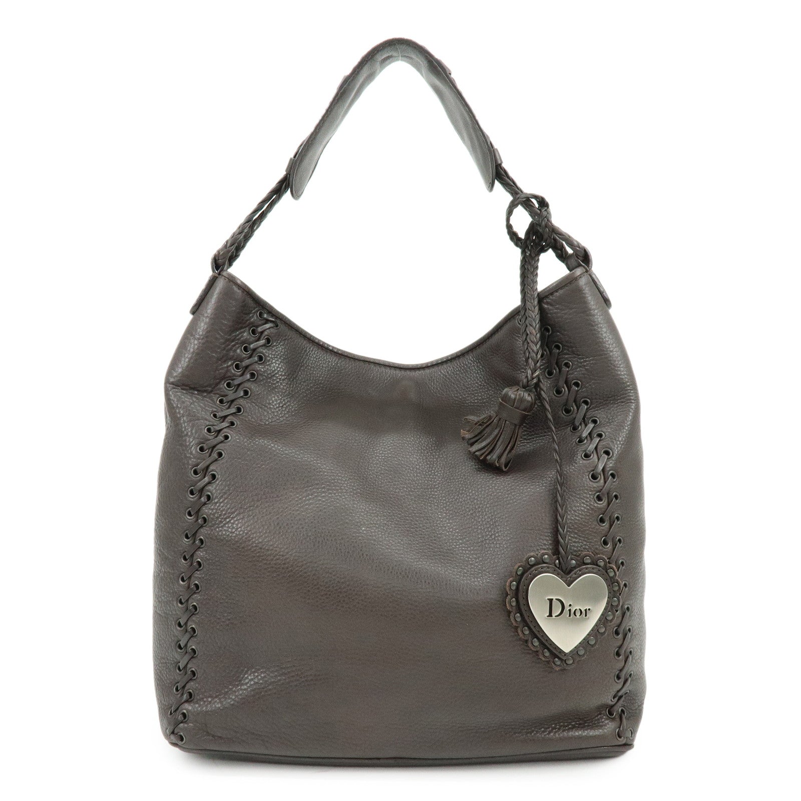Christian Dior Leather Shoulder Bag Ethnic Heart Tassel Charm Brown