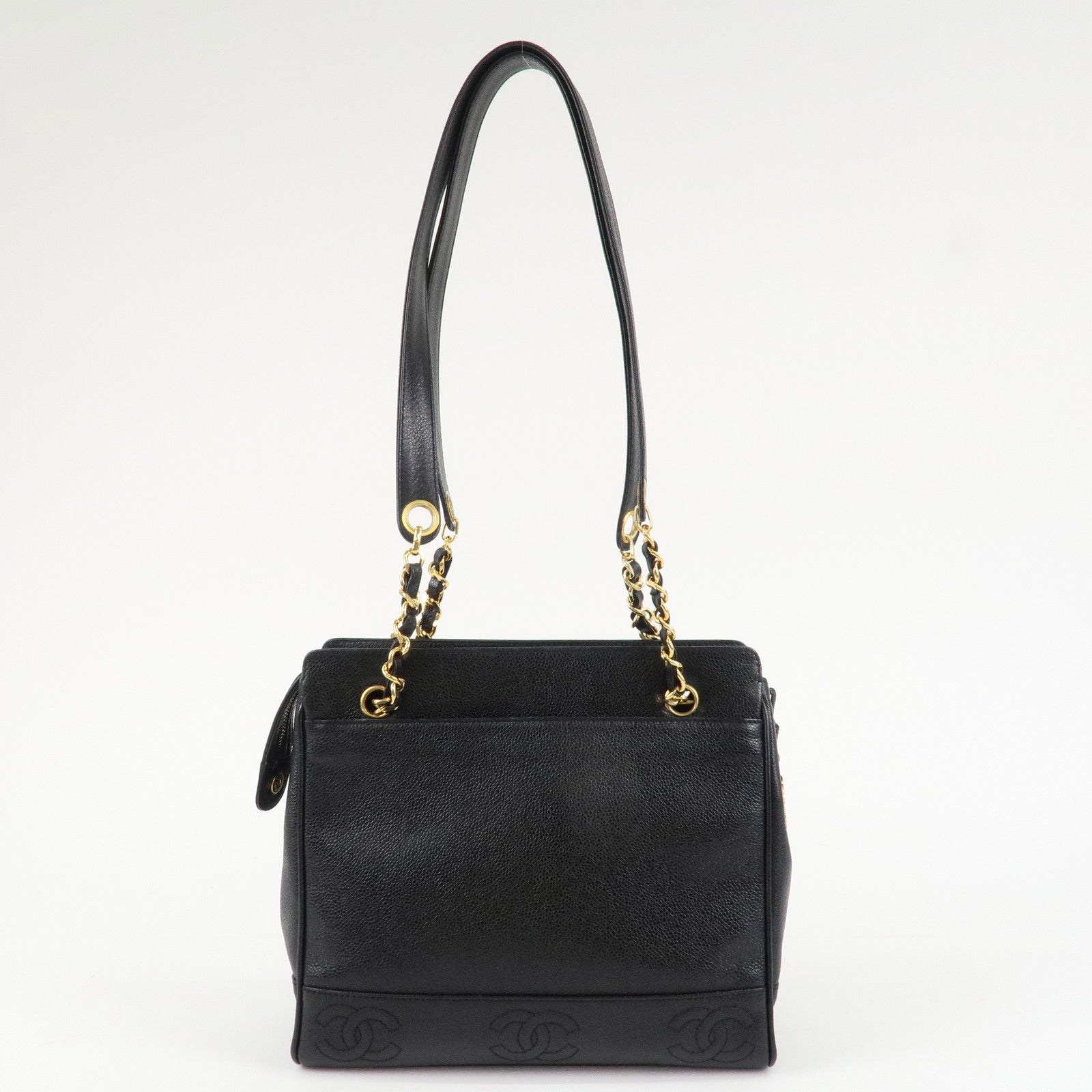 CHANEL Triple COCO Caviar Skin Chain Shoulder Bag Black Gold Hardware Used