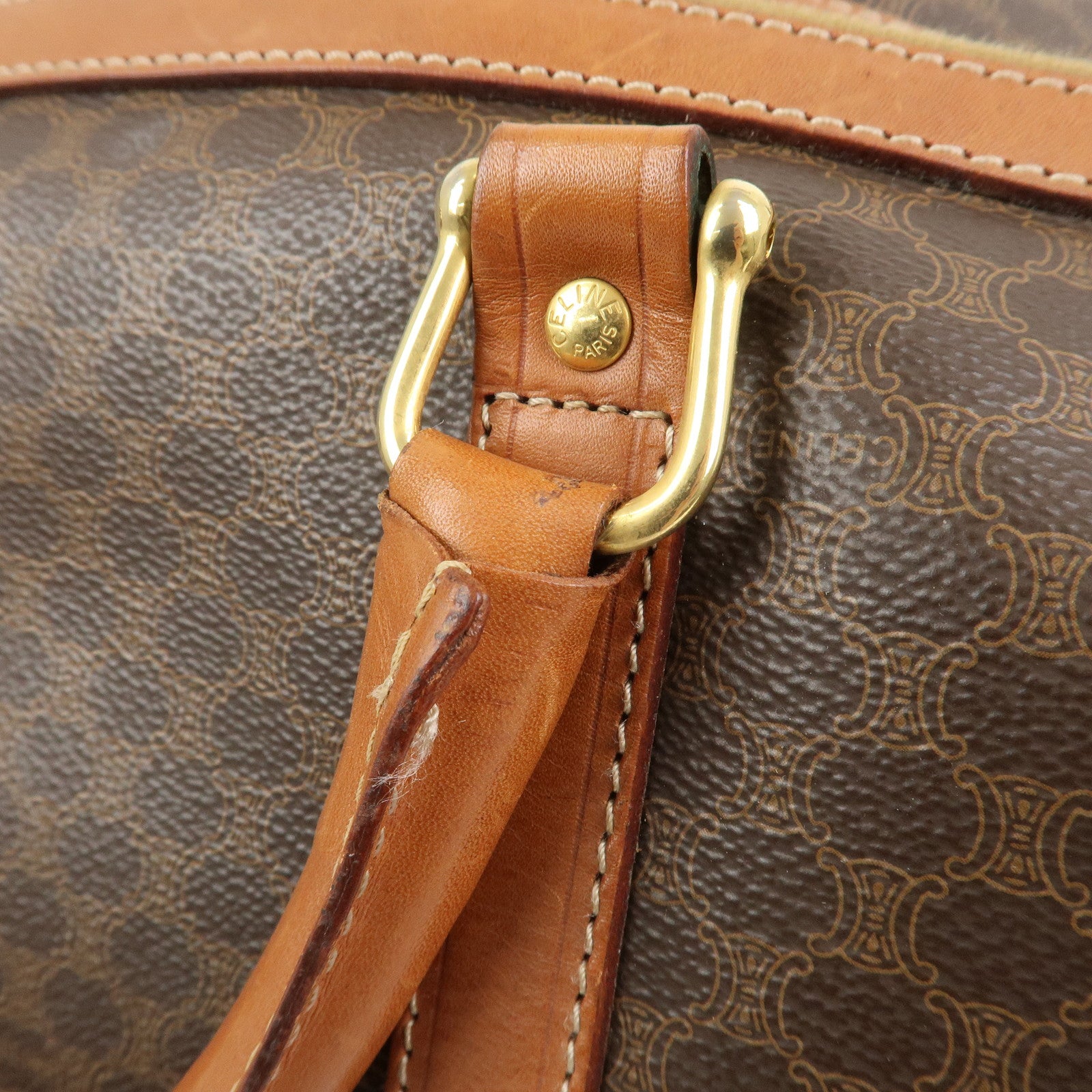 CELINE Macadam PVC Canvas Leather Boston Bag Hand Bag Brown