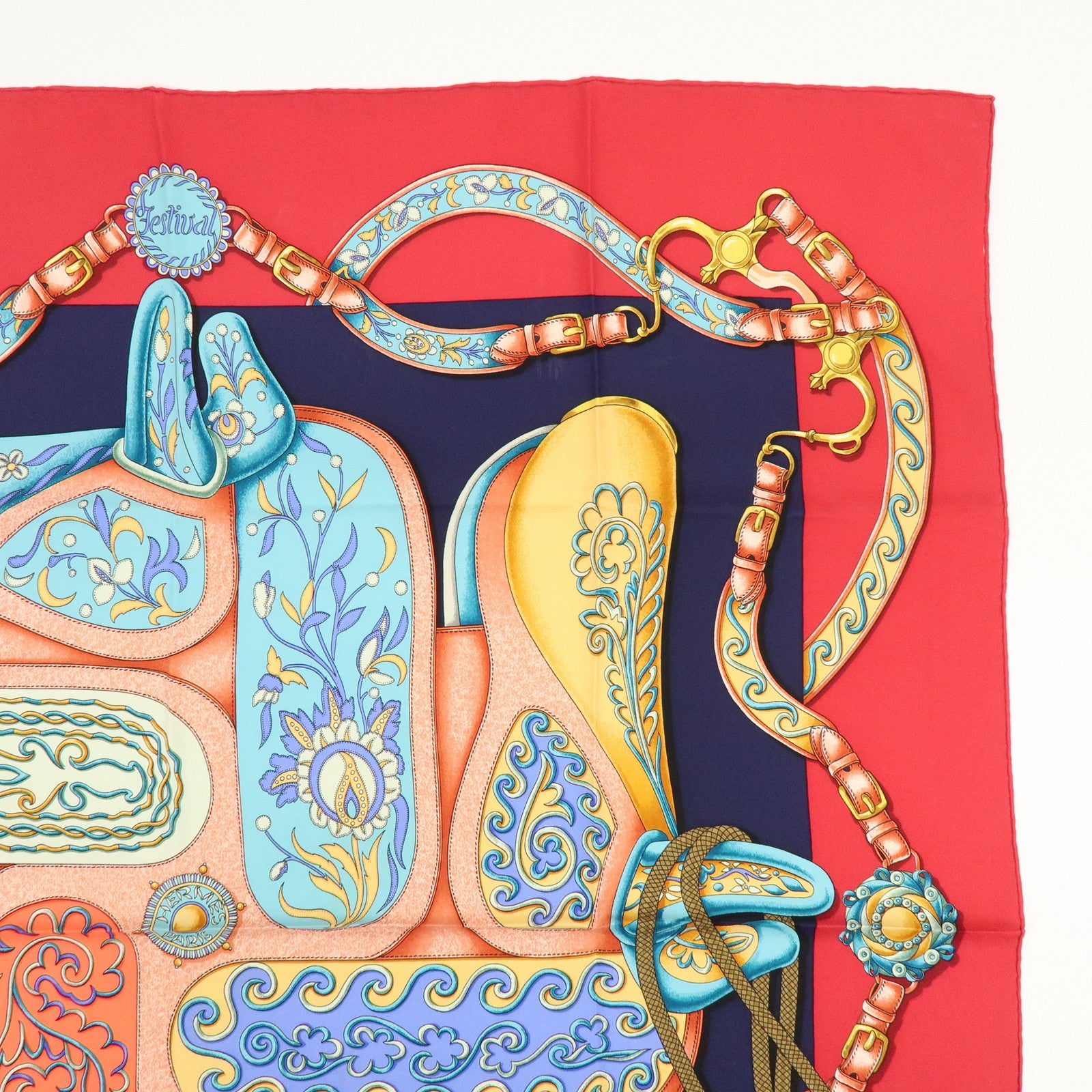 HERMES Carre 90 Silk 100% Scarf Festival Red Pink Blue