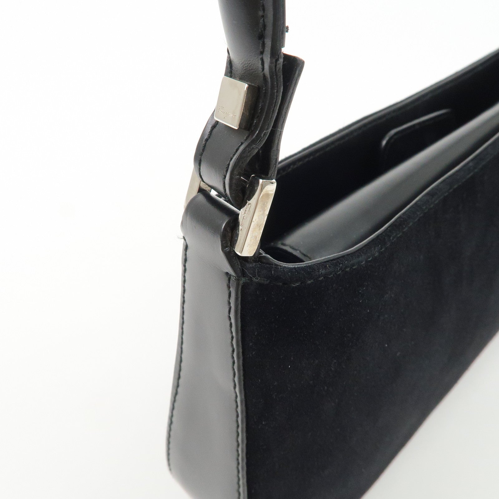 Ferragamo Logo Leather Suede Shoulder Bag Hand Bag Black