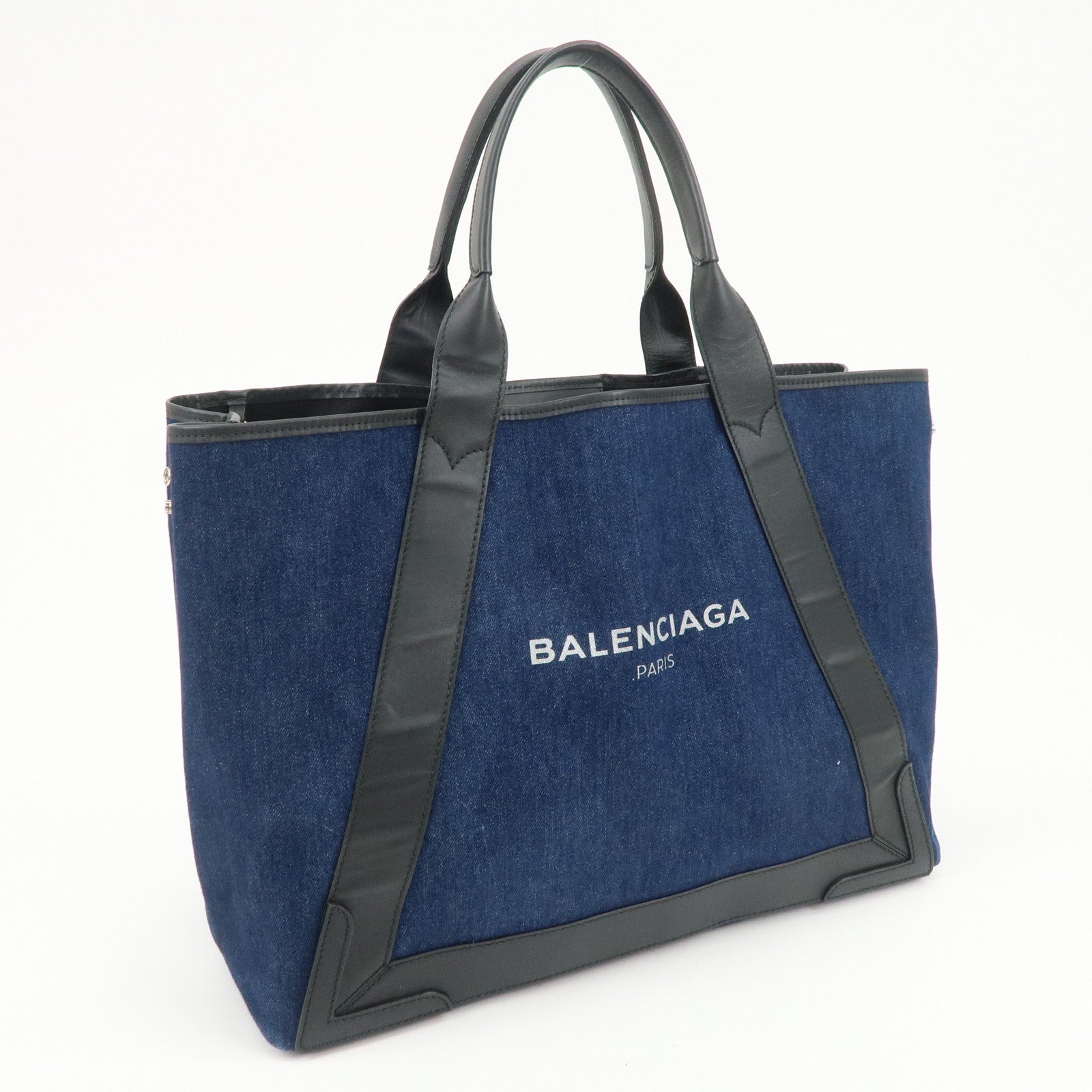BALENCIAGA Denim Leather Navy Cabas M Tote Bag Hand Bag 339936