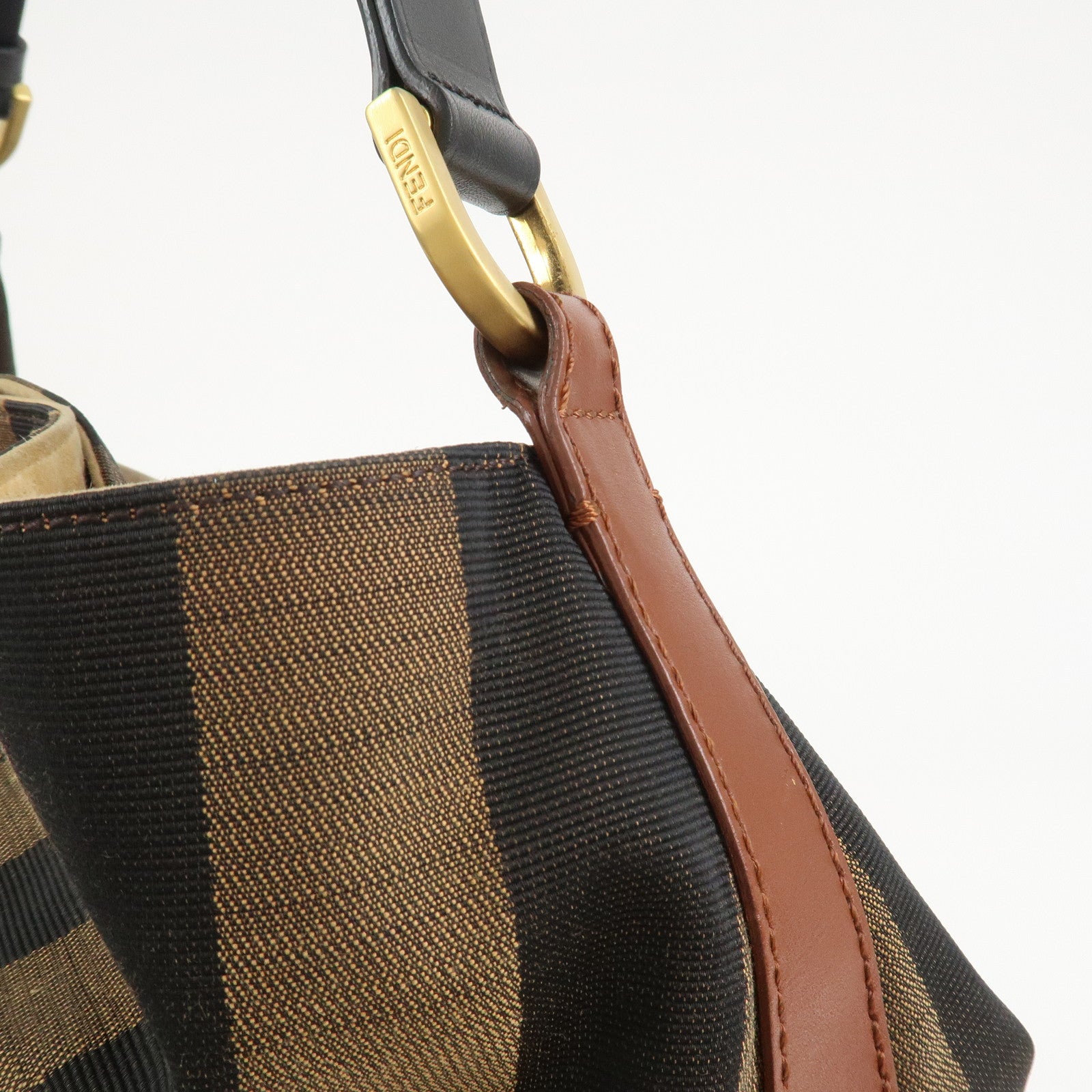 FENDI Pequin Canvas Leather Shoulder Bag Hand Bag Brown 8BR653