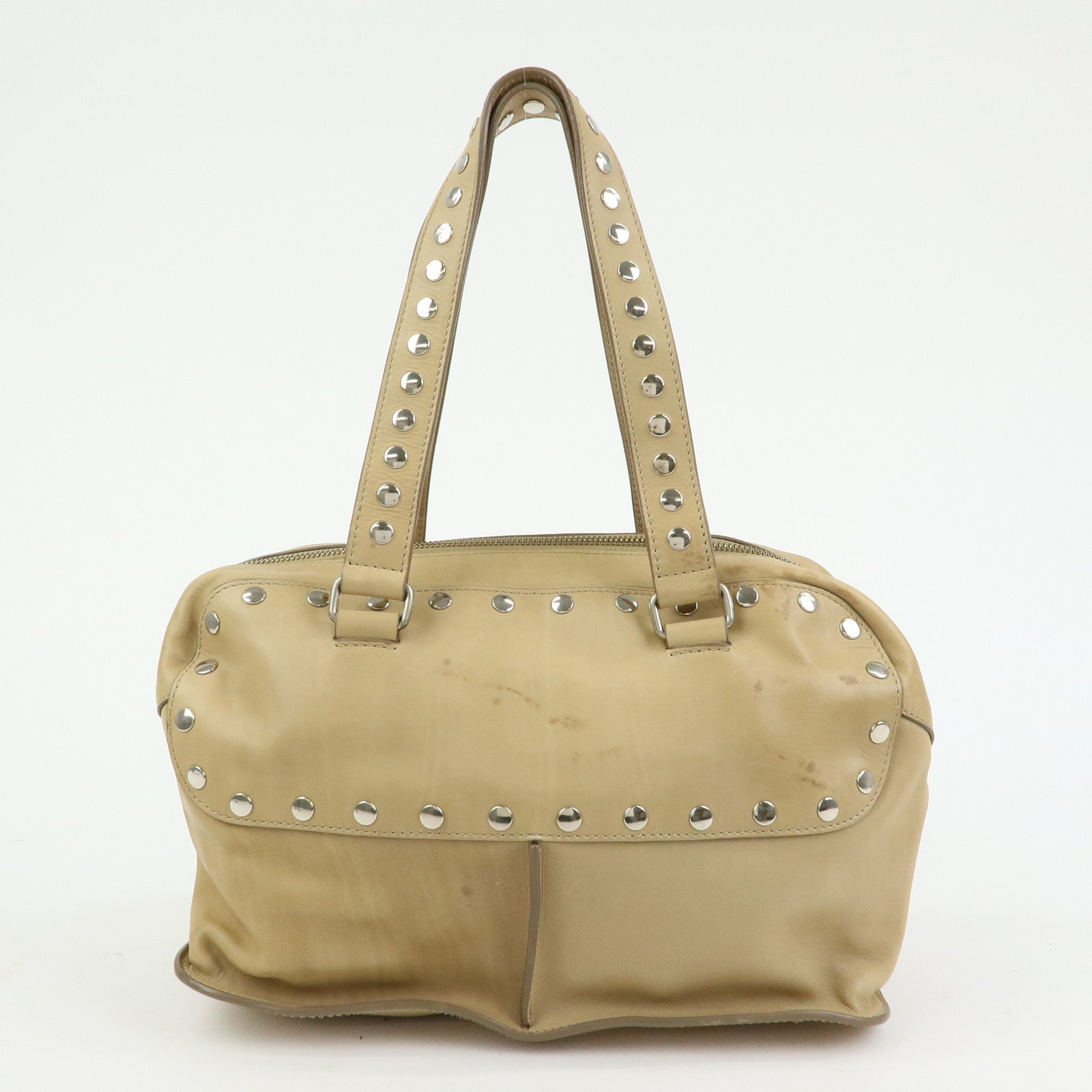 CELINE Leather Hand Bag Bowling Bag Beige Studs