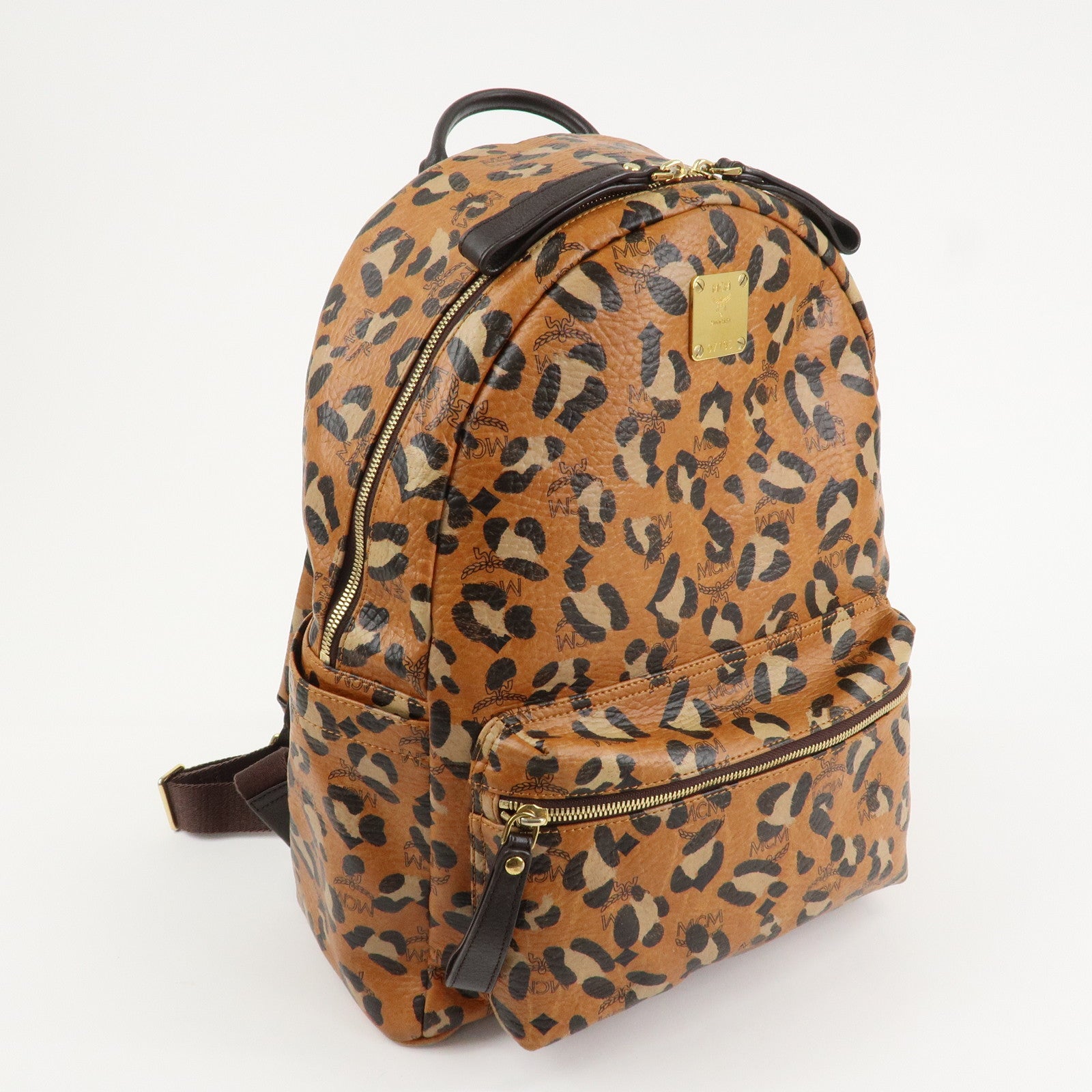 MCM Visetos Leather Leopard Back Pack Black Beige Brown Gold HDW Used