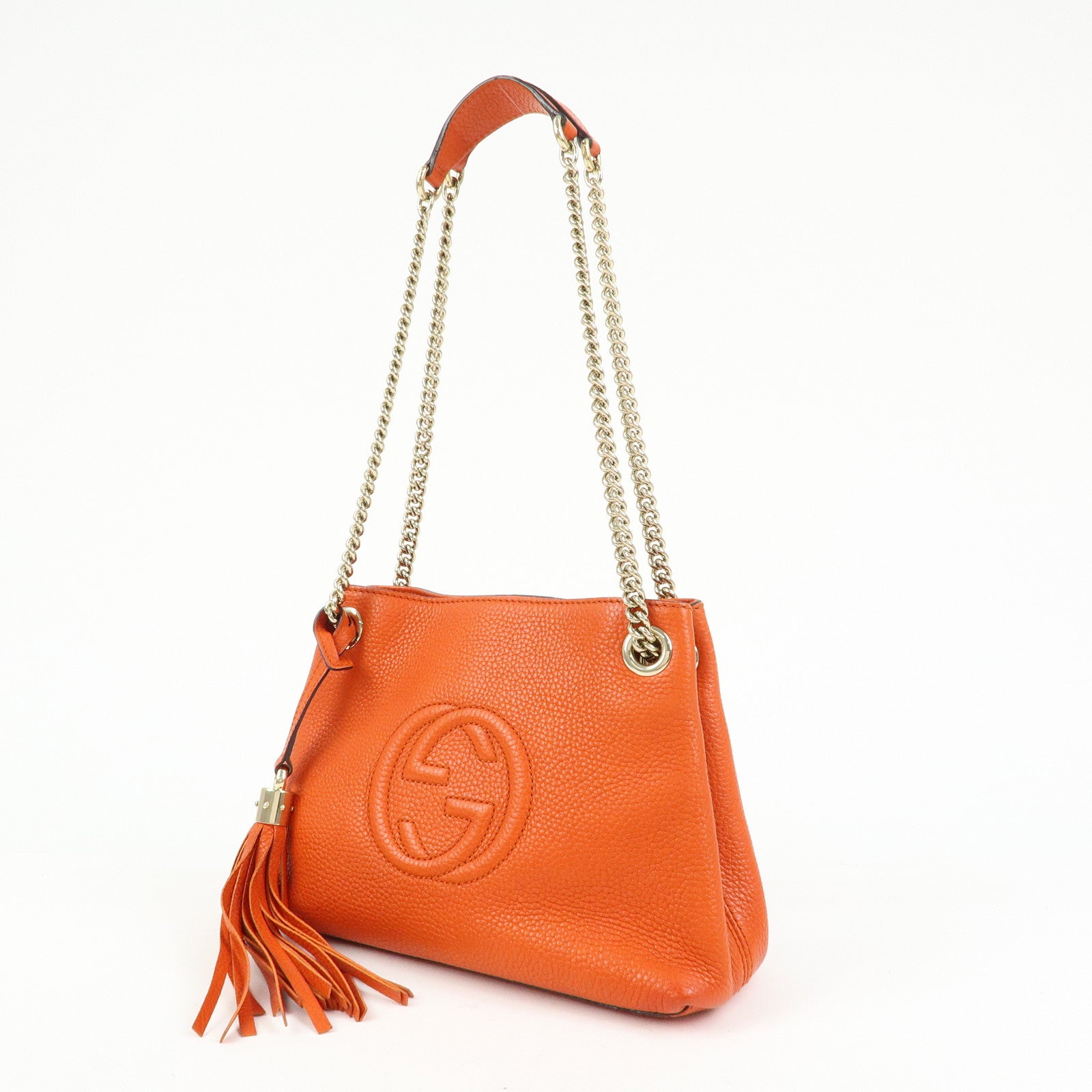 GUCCI SOHO Leather Tassel Chain Shoulder Bag Orange 387043