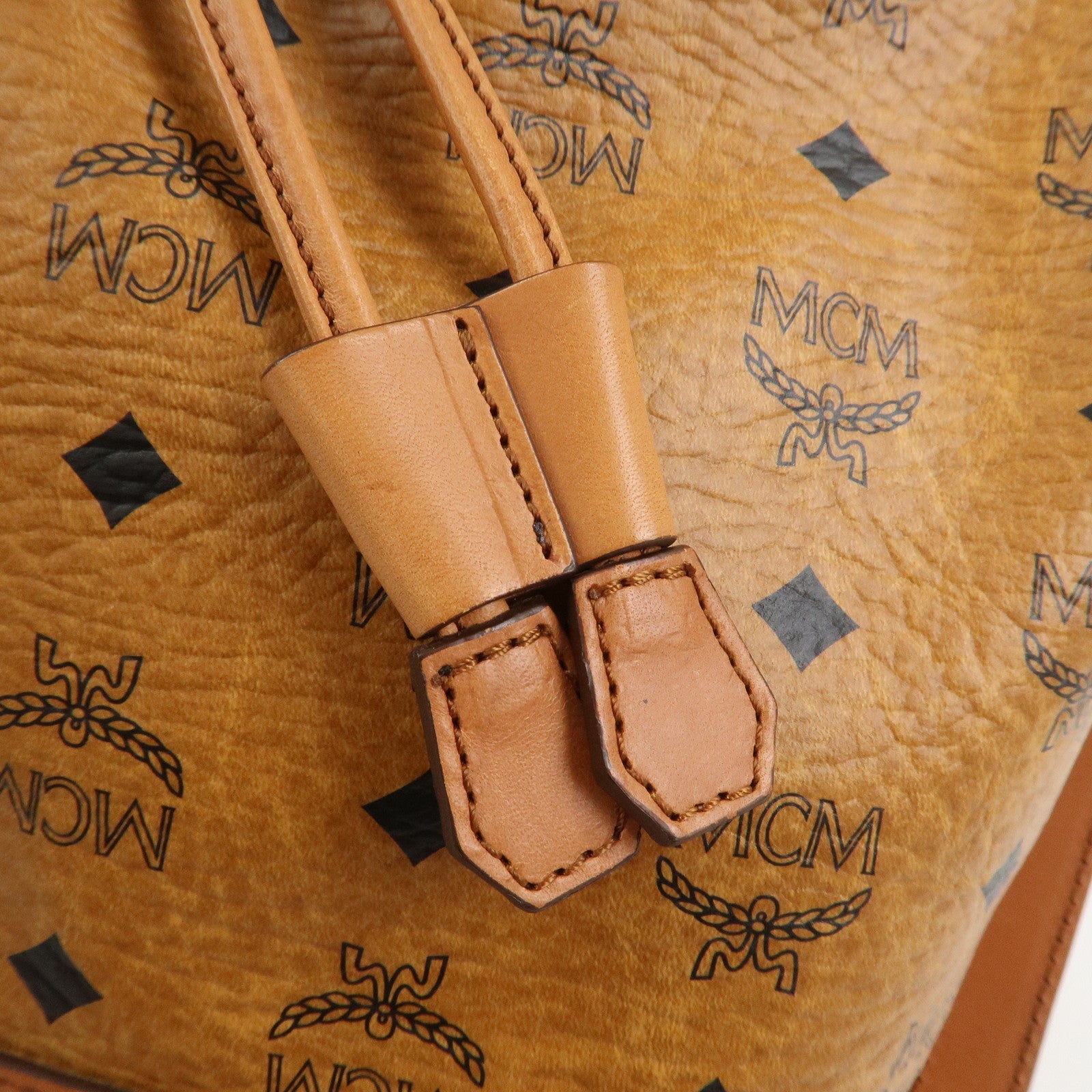 MCM Visetos Leather Bucket Bag Shoulder Bag Drawstring Brown