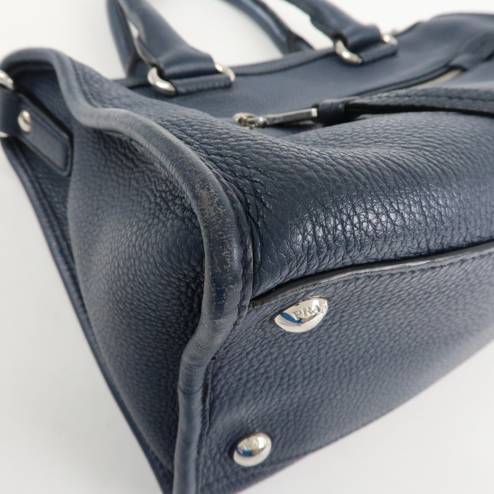 PRADA Logo Leather Vitello Phenix 2WAY Bag Hand Bag Navy 1BB022