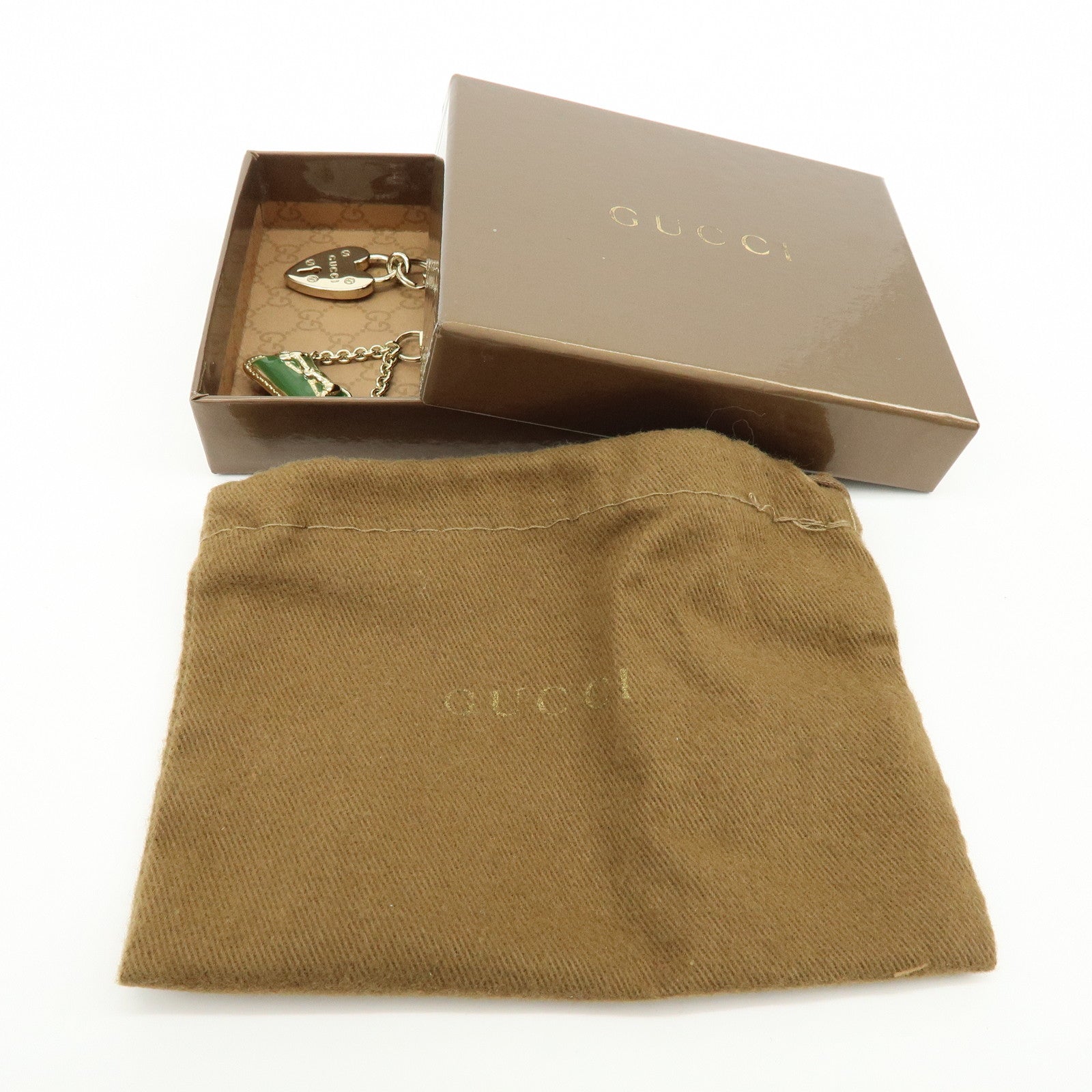 GUCCI Set of 2 Metal Bag Charm Key Chain Green Gold 138248