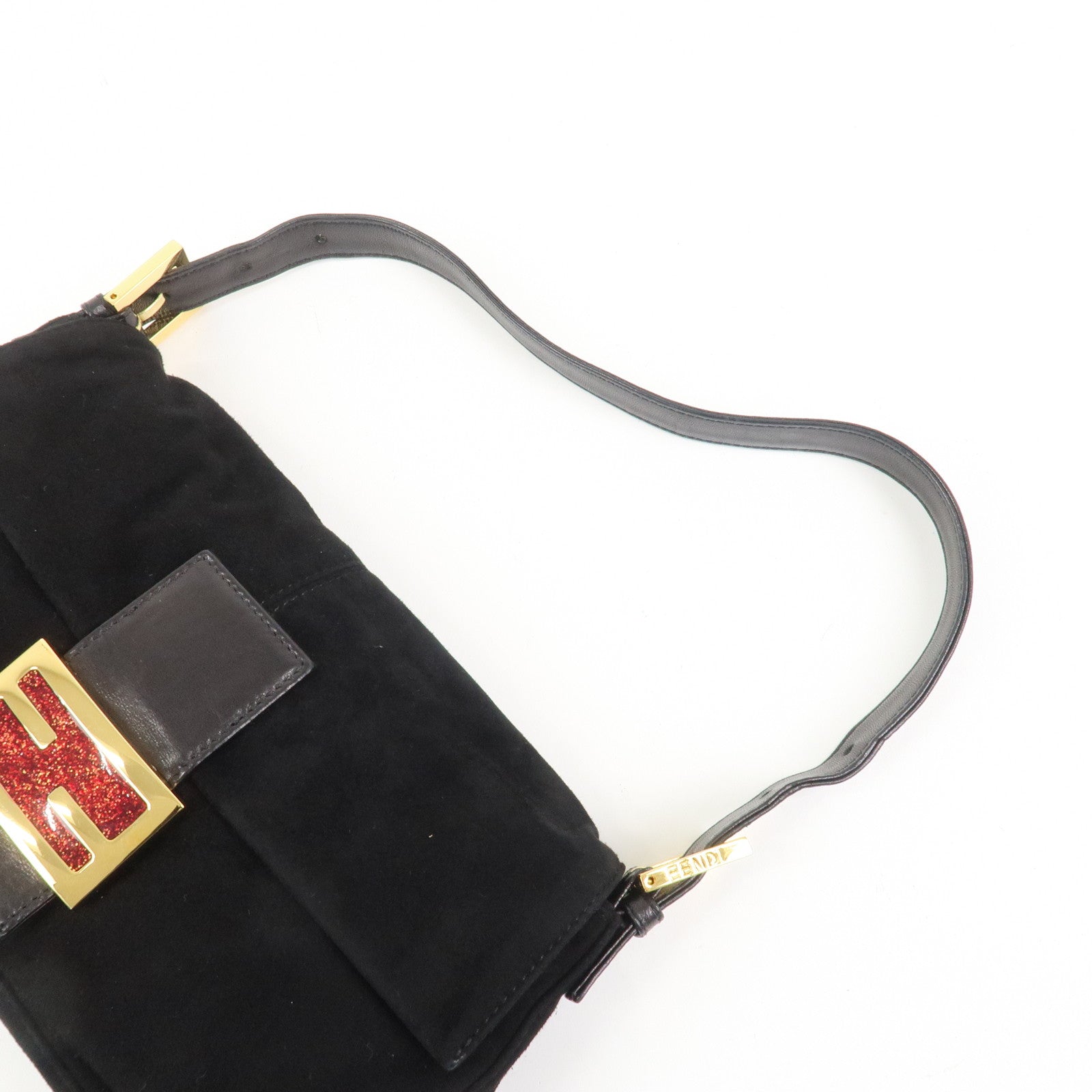 FENDI Mamma Baguette Suede Leather Shoulder Bag Black 26424