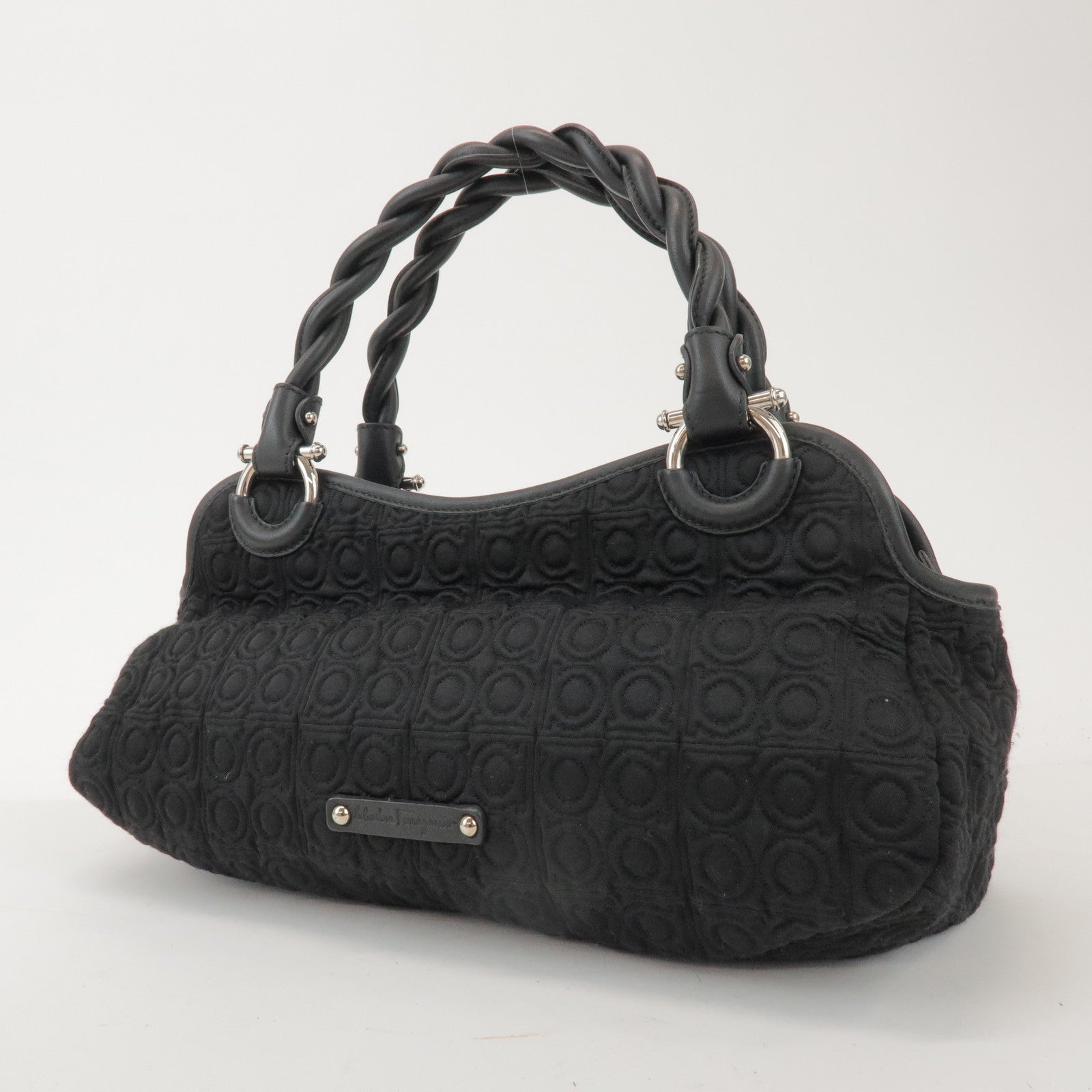 Ferragamo Gancini Canvas Leather Hand Bag Shoulder Bag Black