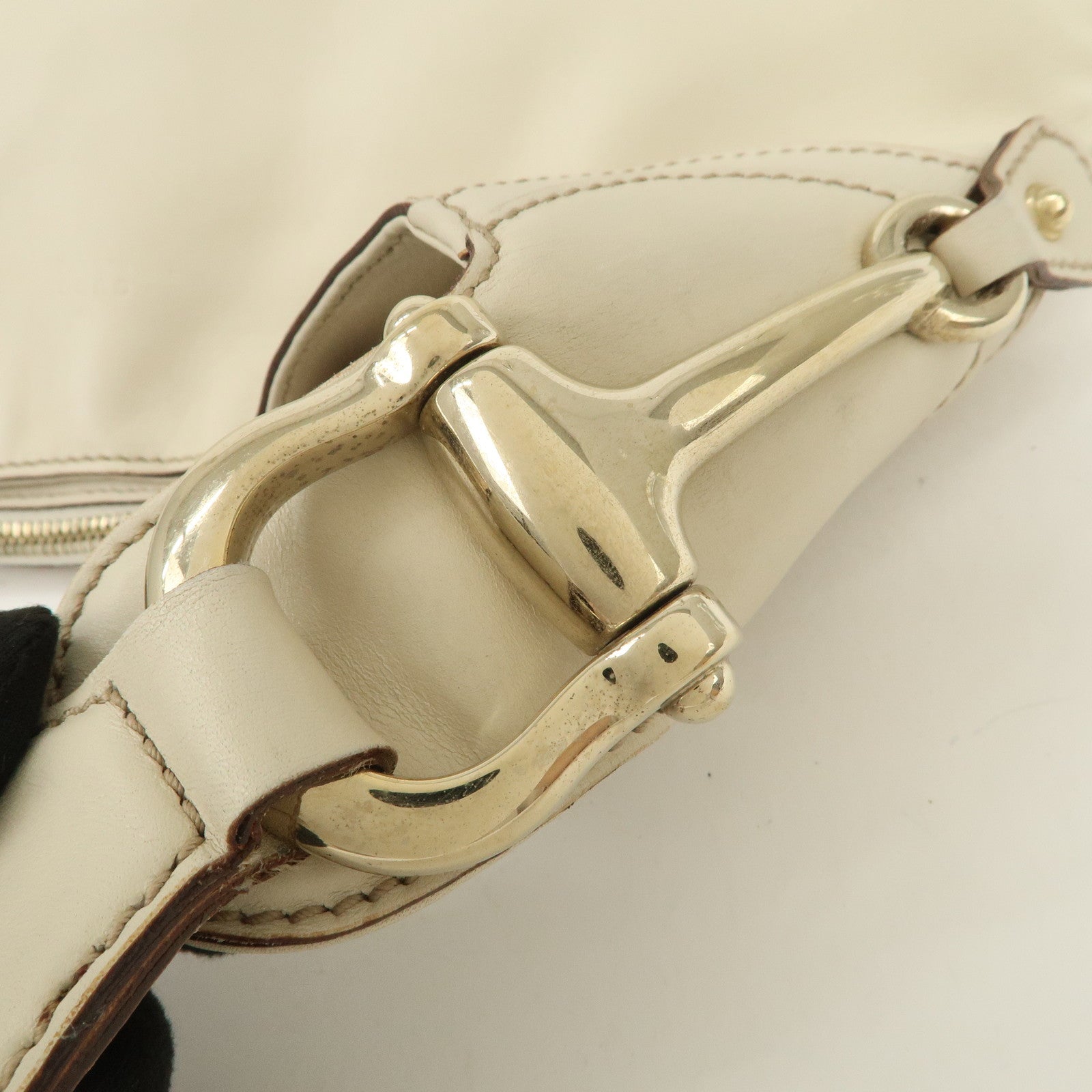GUCCI Horsebit Leather Shoulder Bag Hand Bag Ivory 145826