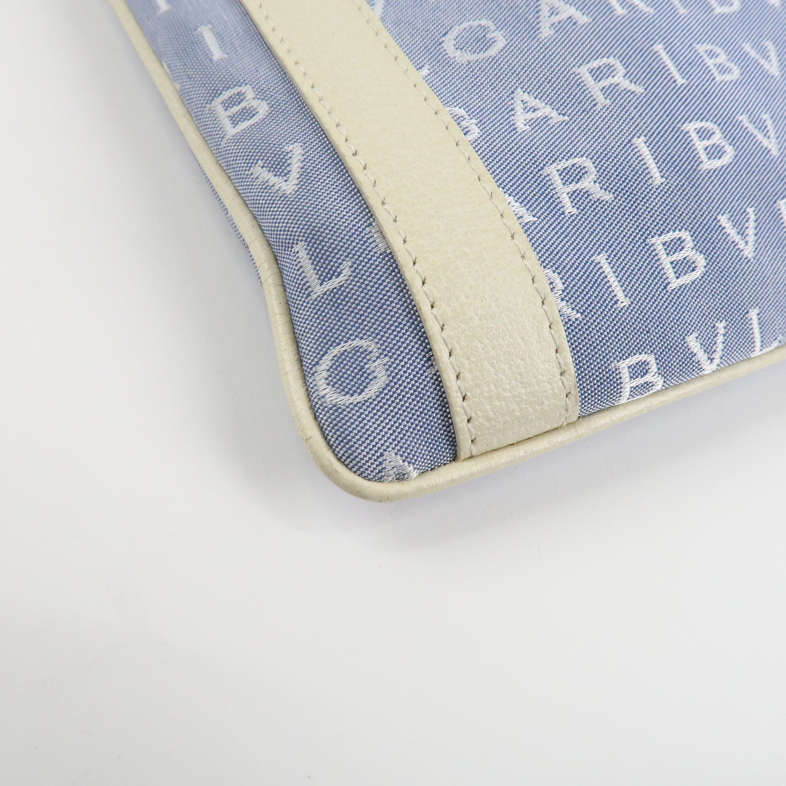 BVLGARI Logo Mania Leather Canvas Shoulder Bag Ivory Light Blue Used