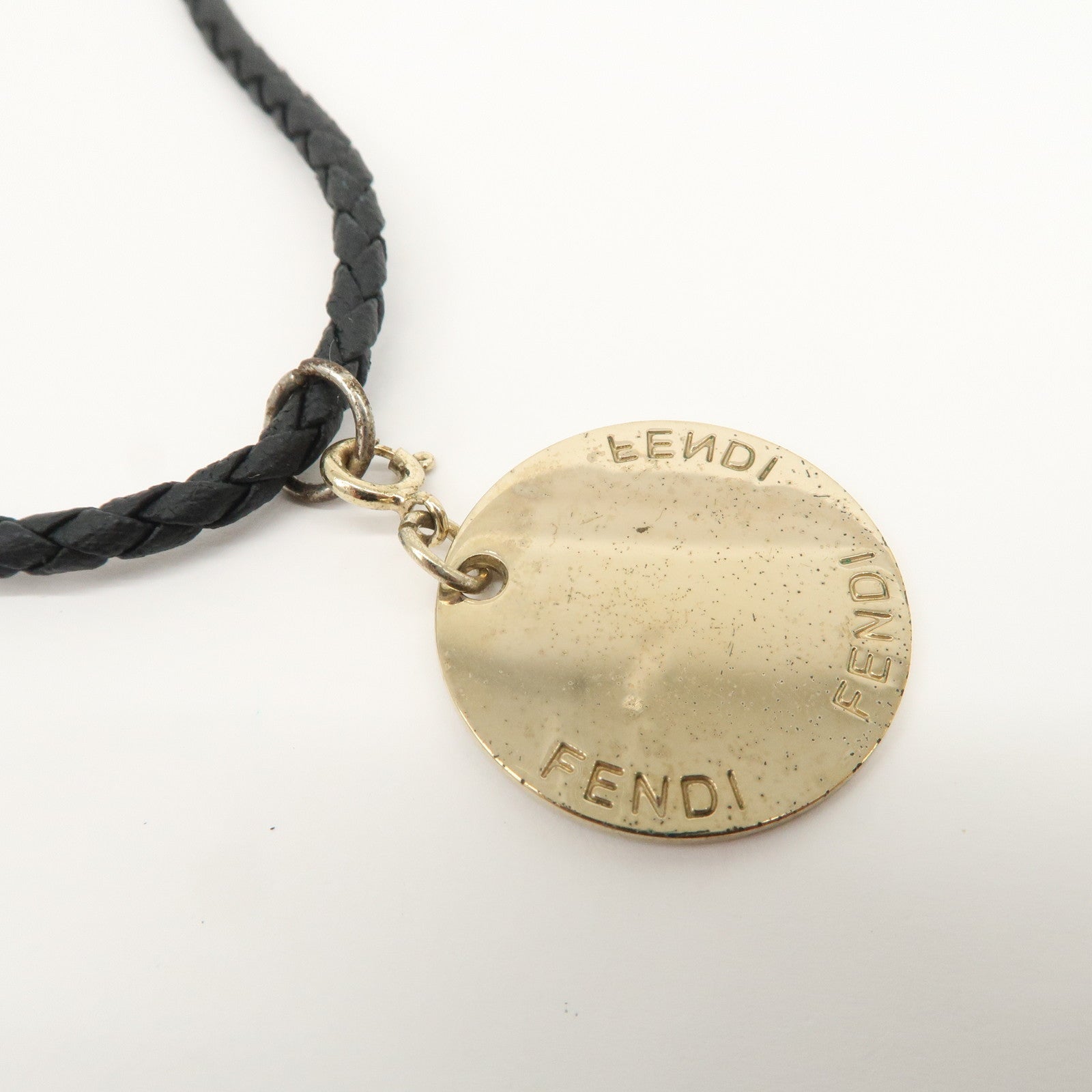 FENDI Coin Motif Leather Metal Necklace Gold Black