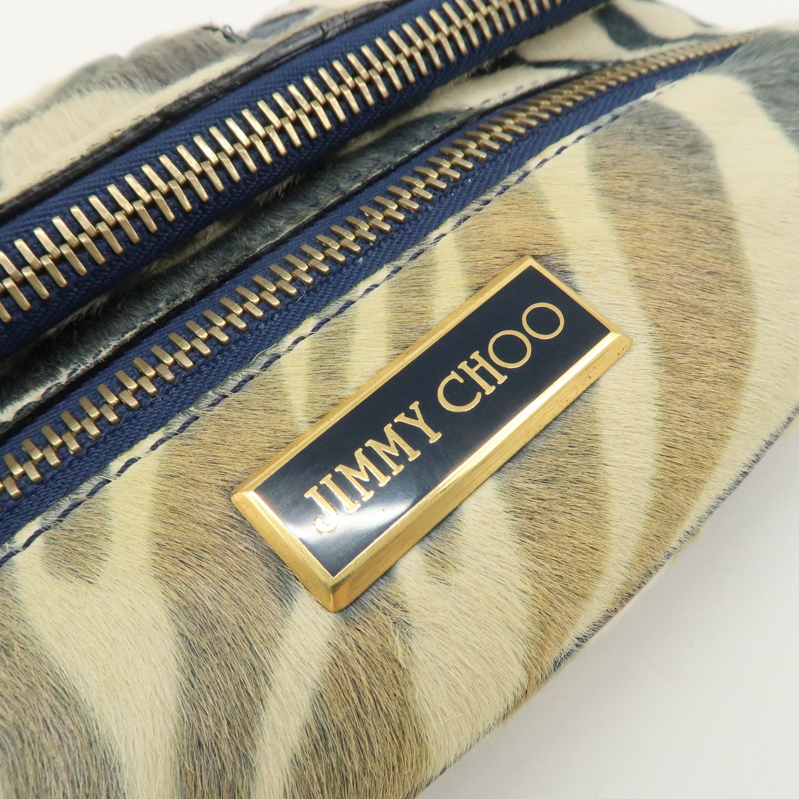JIMMY CHOO Unborn Calf Clutch Bag Wristlet Pouch Zebra Navy