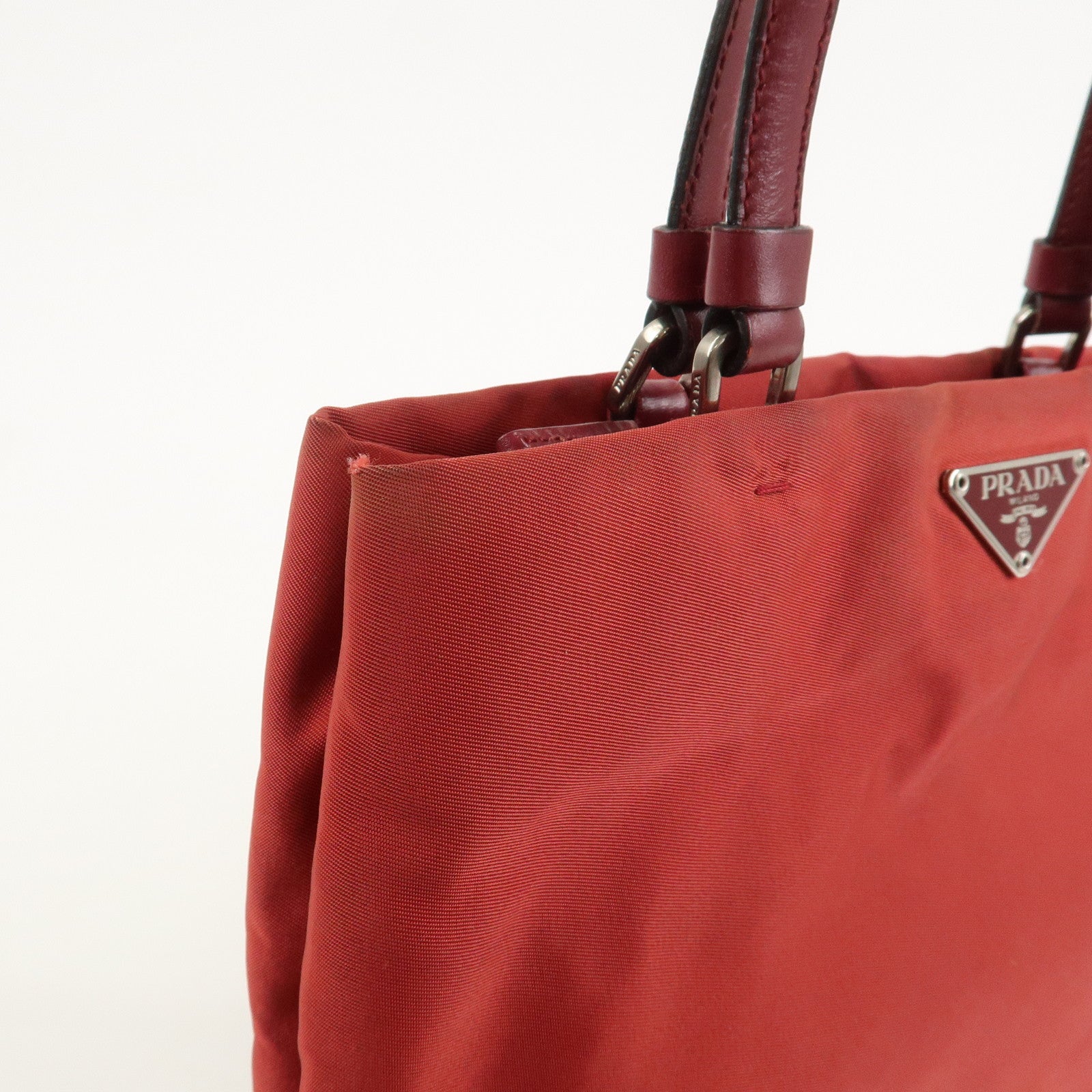PRADA Triangle Logo Nylon Leather Tote Bag Shoulder Bag Red
