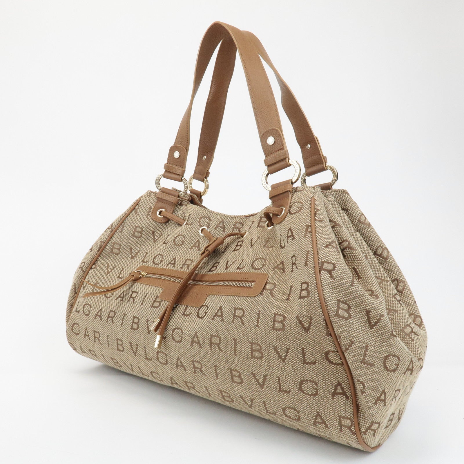 BVLGARI Logo Mania Leather Canvas Tote Bag Shoulder Bag Beige Brown Used