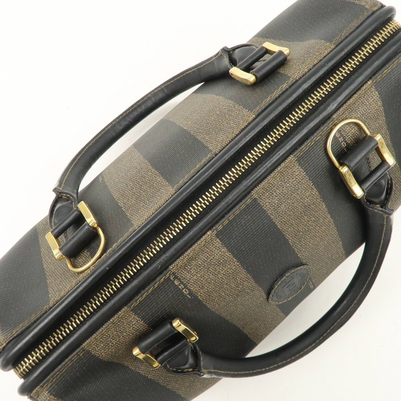 FENDI Pequin PVC Canvas Hand Bag Boston Bag Black Brown Used