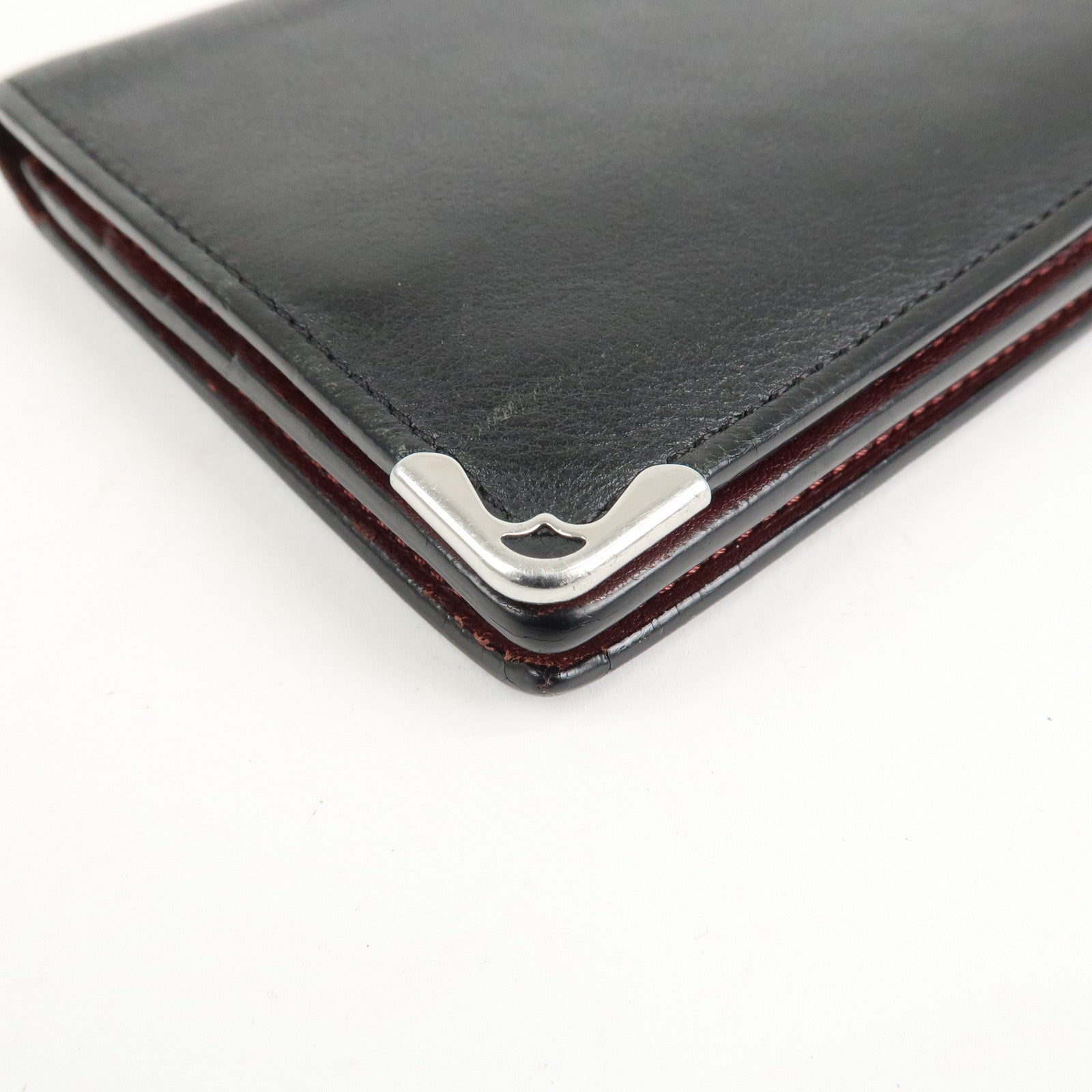 Cartier Leather Bi-fold Long Wallet Silver HDW Black Bordeaux Used