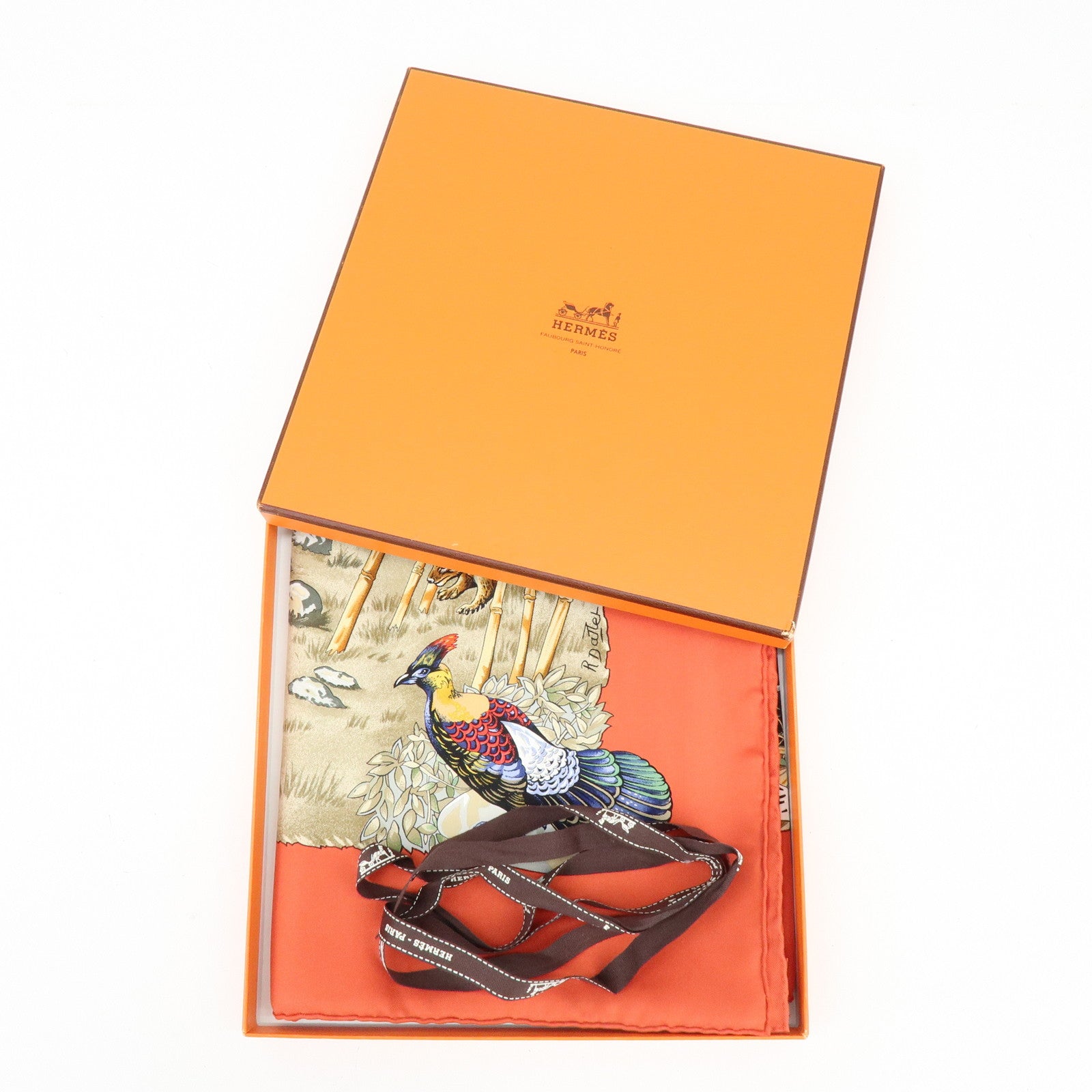 HERMES Carre 90 Silk 100% Scarf Sichuan Province Orange Beige
