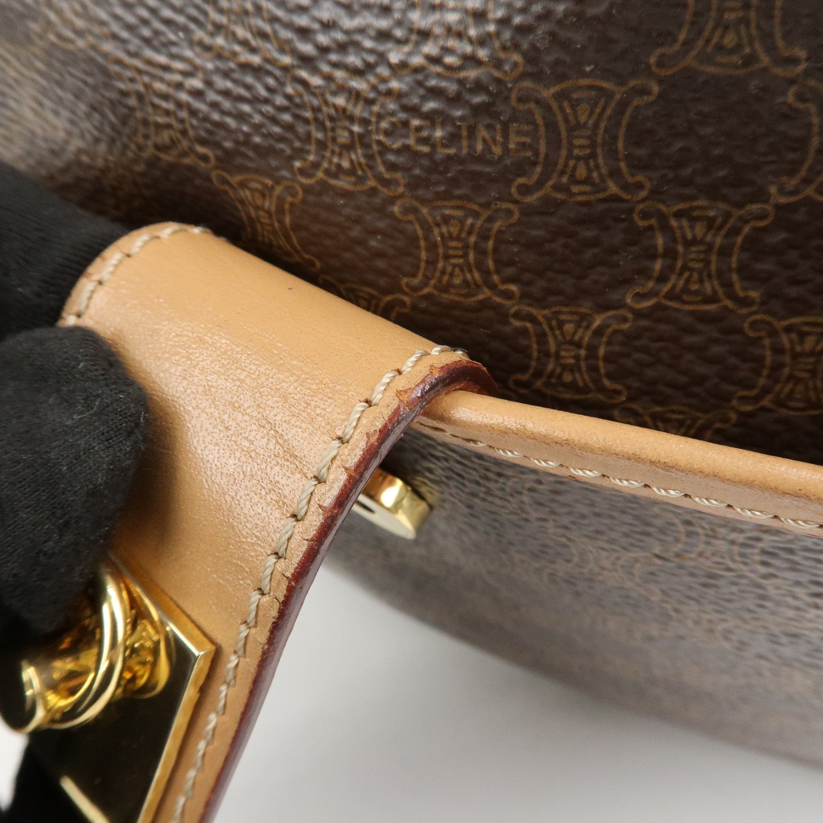 CELINE Macadam Leather Shoulder Bag Beige Brown Gold Hardware