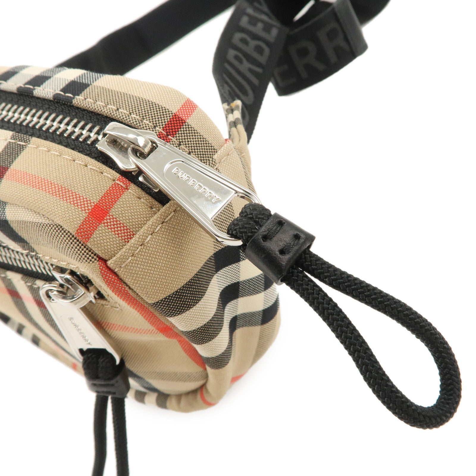 BURBERRY Leather Canvas Waist Bag Nova Plaid Beige Black Used