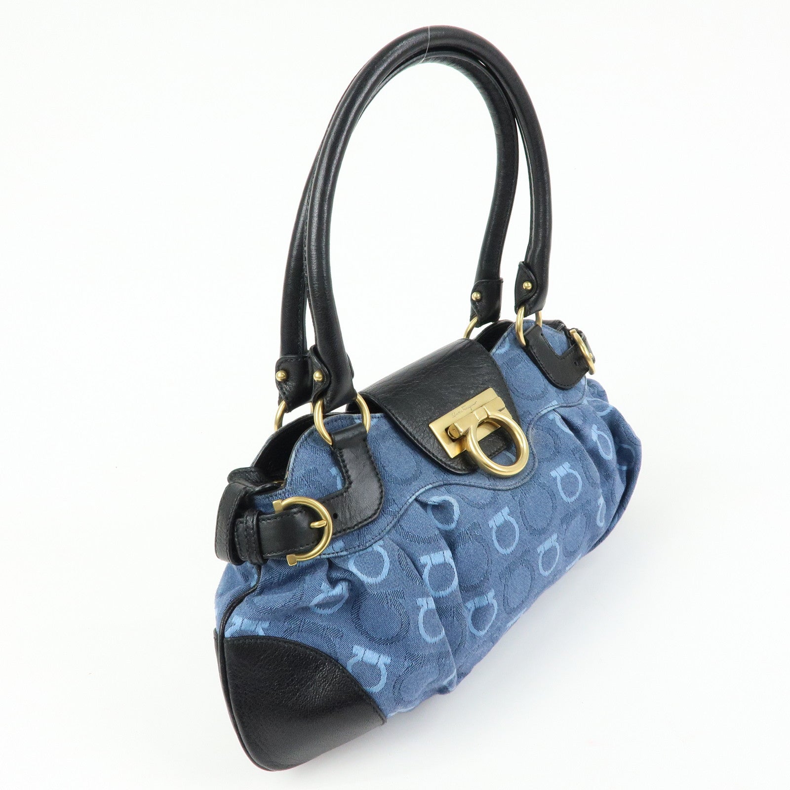 Ferragamo Gancini Canvas Leather Hand Bag Shoulder Bag Blue Black