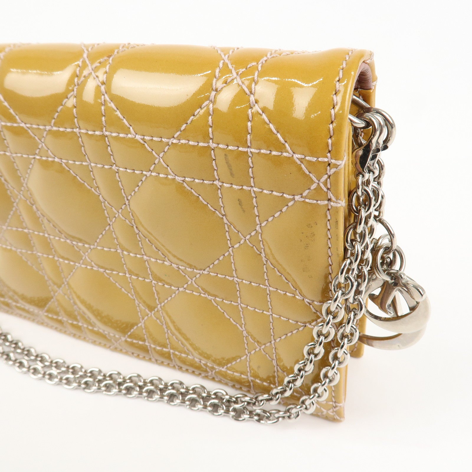 Christian Dior Cannage Patent Leather Chain Shoulder Bag Yellow Used