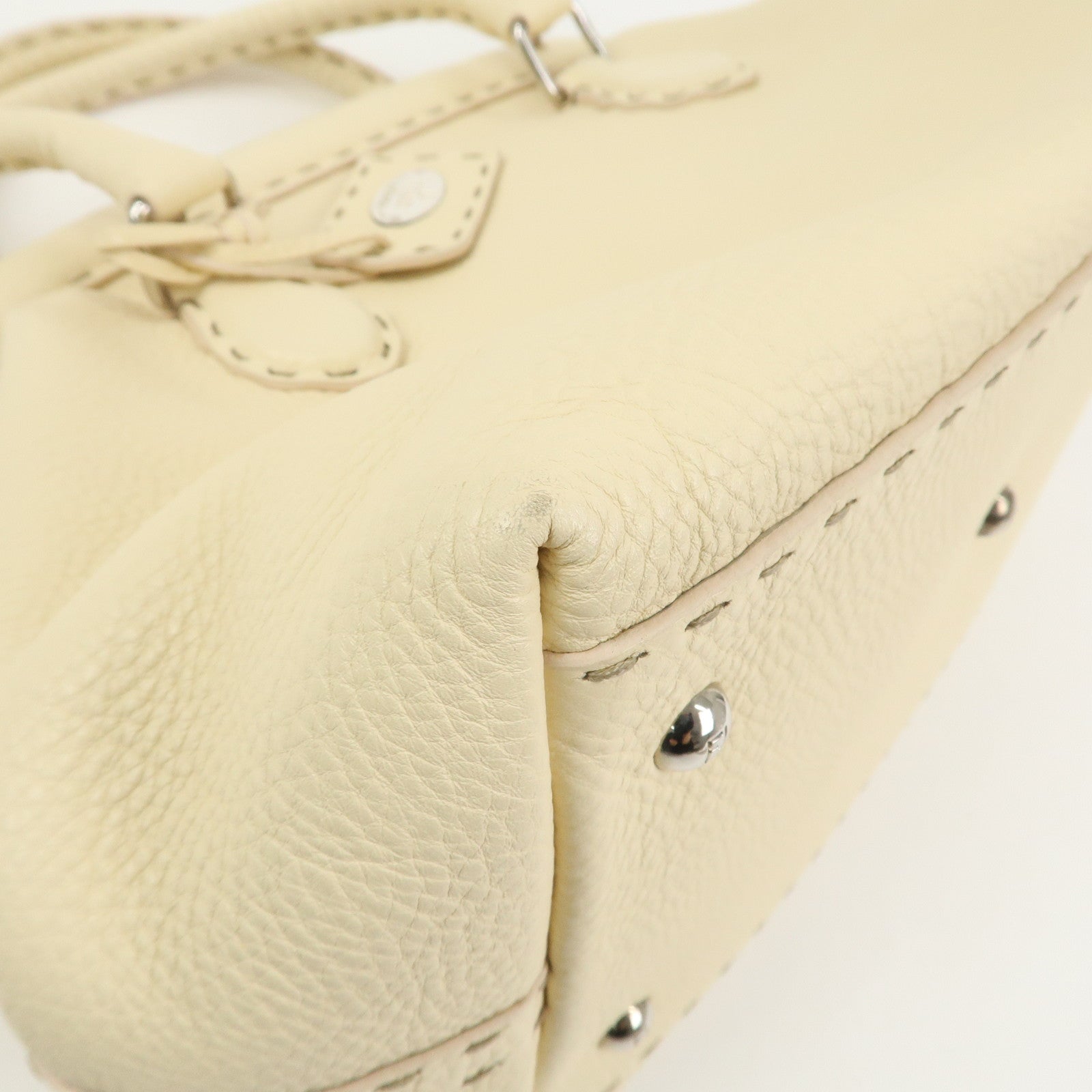 FENDI Selleria Leather Boston Bag Hand Bag Cream 8BN127