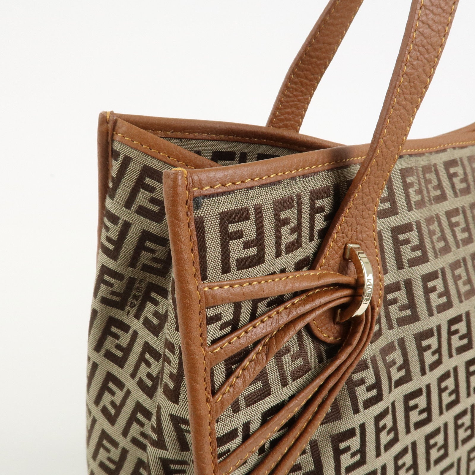 FENDI Zuccino Canvas Leather Tote Bag Hand Bag Brown 8BH153