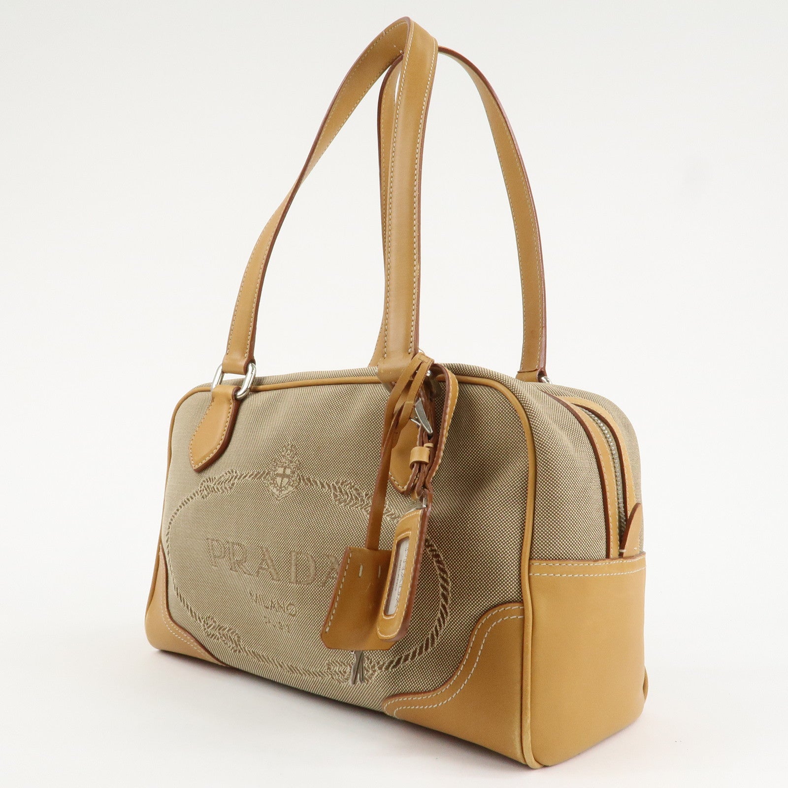 PRADA Logo Jacquard Leather Boston Bag Shoulder Bag Beige Used