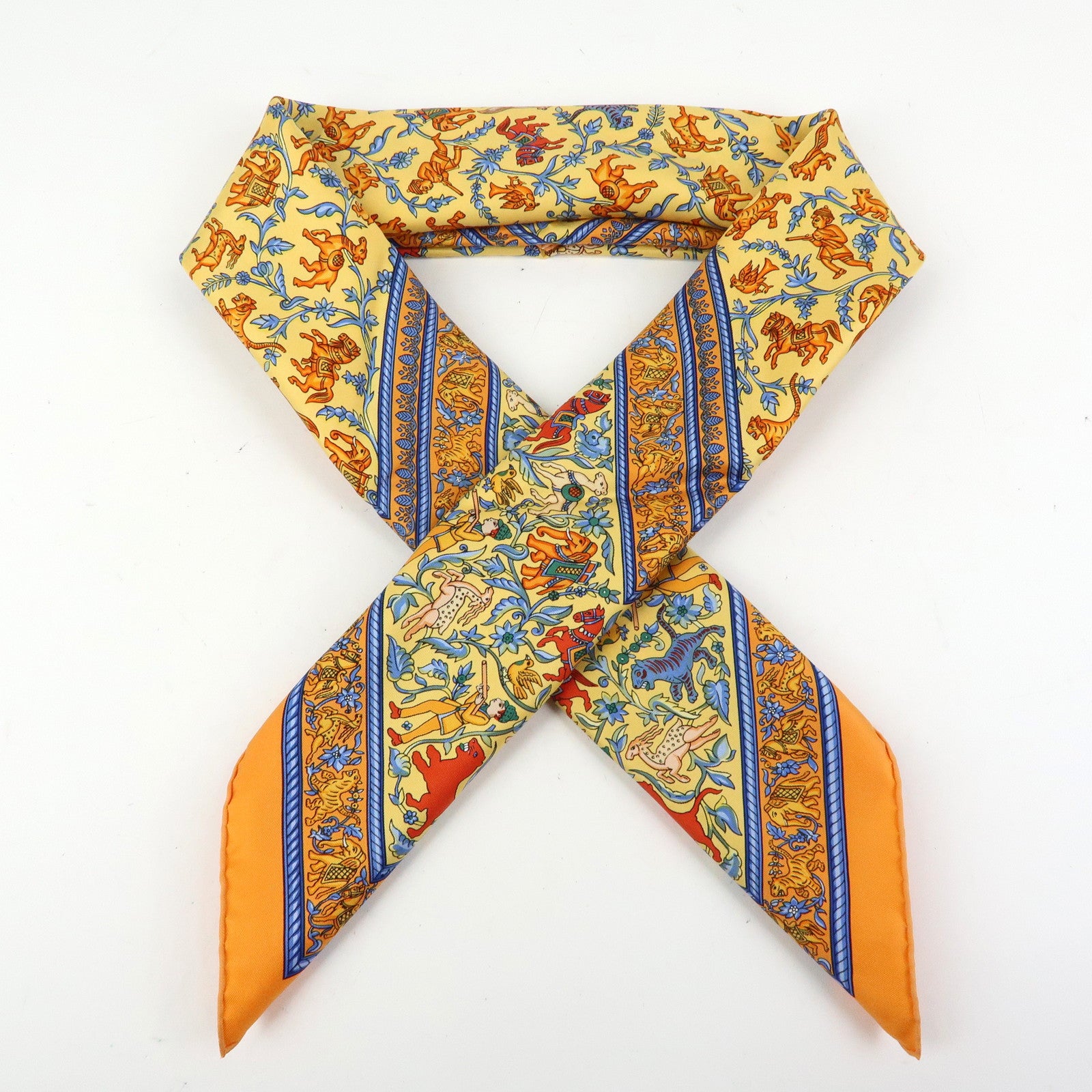 HERMES Carre 90 Silk 100% Scarf CHASSE EN INDE Orange Multicolor