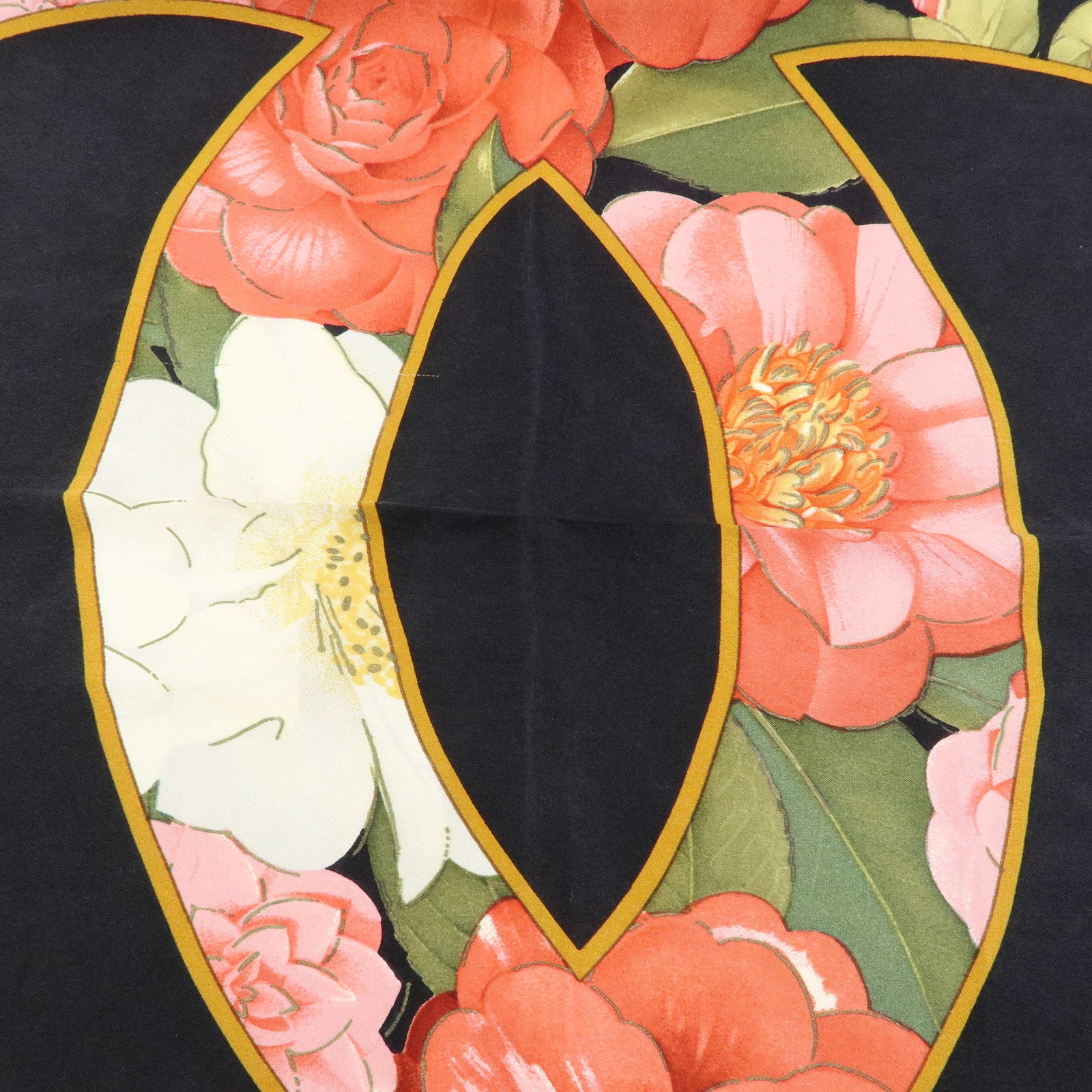 CHANEL COCO Mark Silk 100% Scarf Floral Motif Black Gold