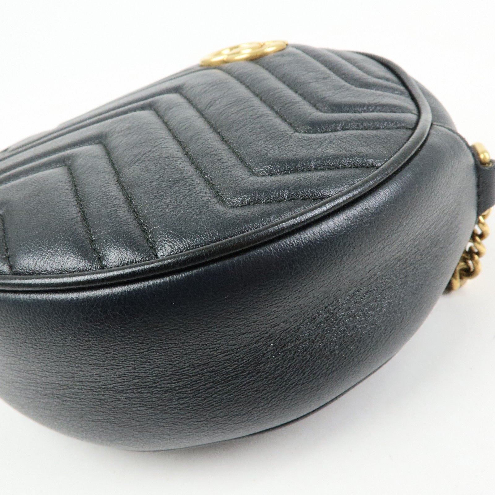 GUCCI GG Marmont Leather Chain Shoulder Round Bag Black 550154