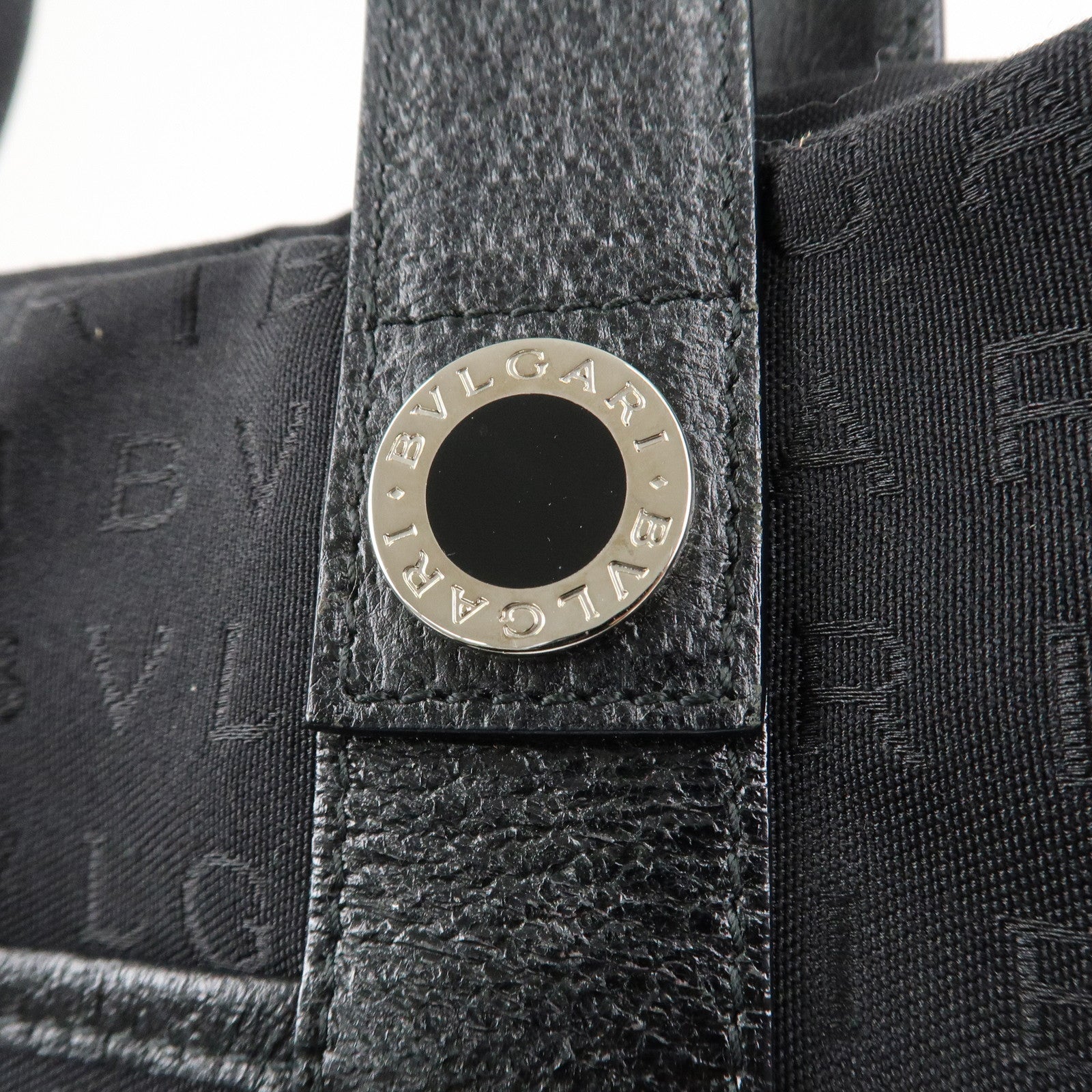 BVLGARI Logo Mania Canvas Leather Tote Bag Hand Bag Black Silver HDW Used