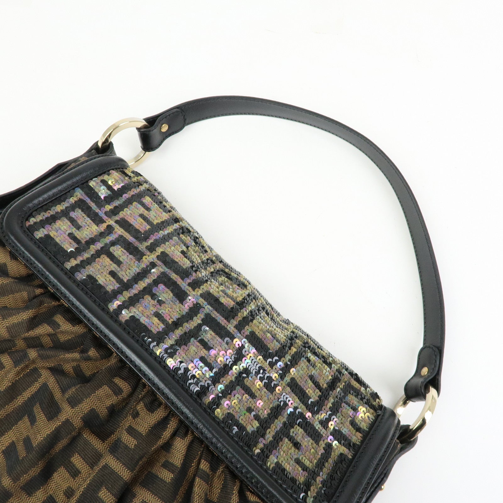 FENDI Zucca Canvas Leather Sequined Shoulder Bag Brown 8BR436