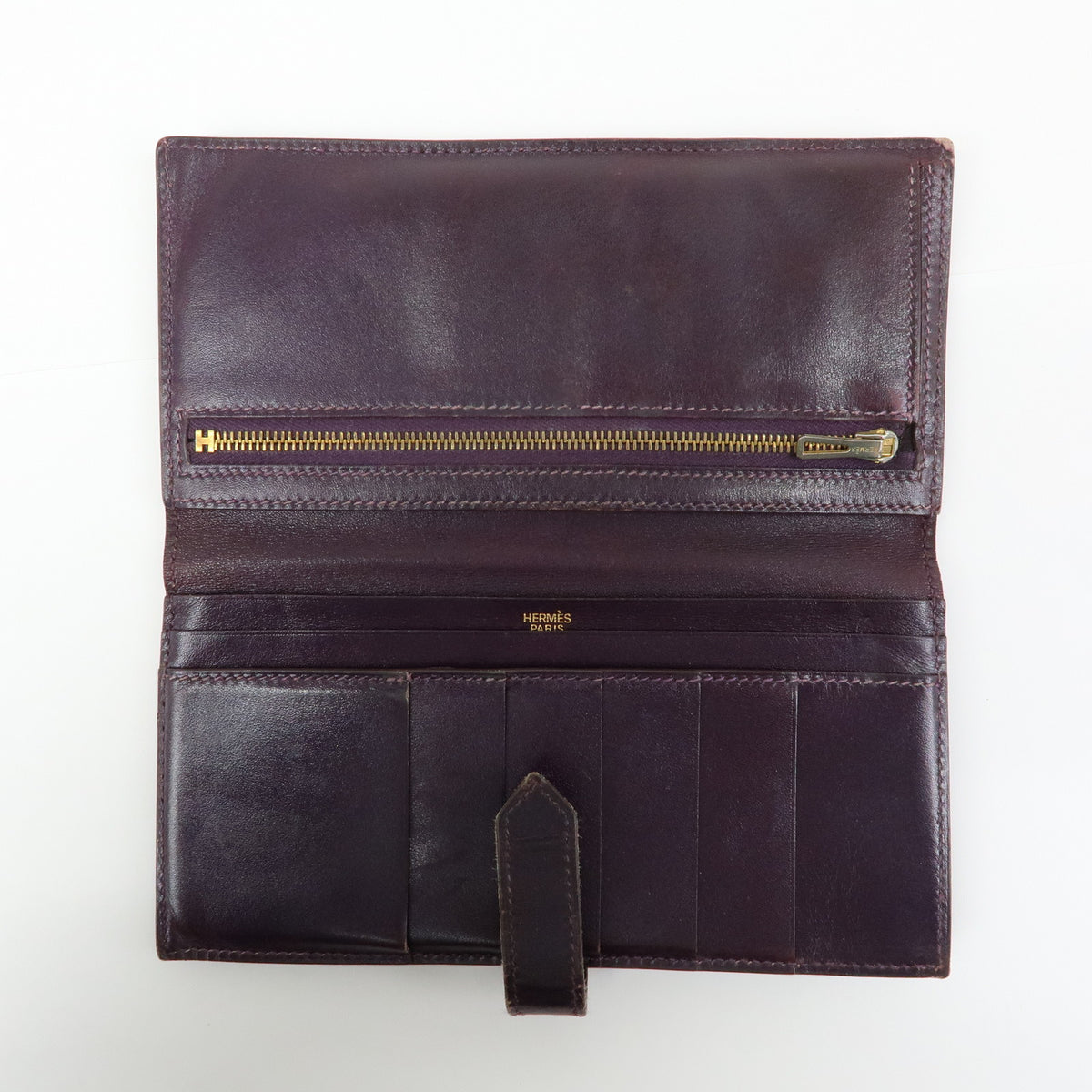 HERMES Bearn Box Calf Leather Bi-fold Long Wallet Purple