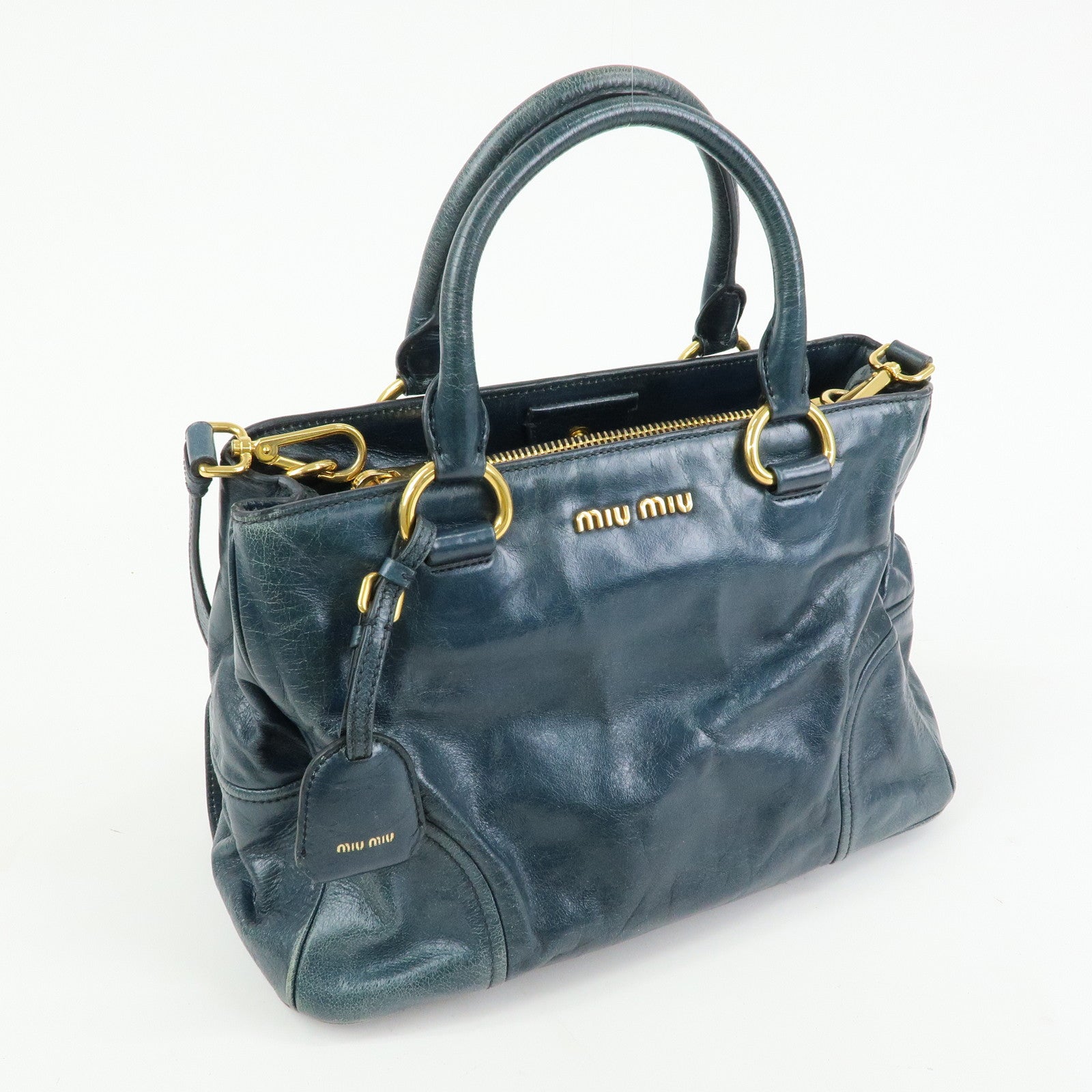 MIU MIU Logo Leather 2Way Bag Hand Bag Shoulder Bag Navy