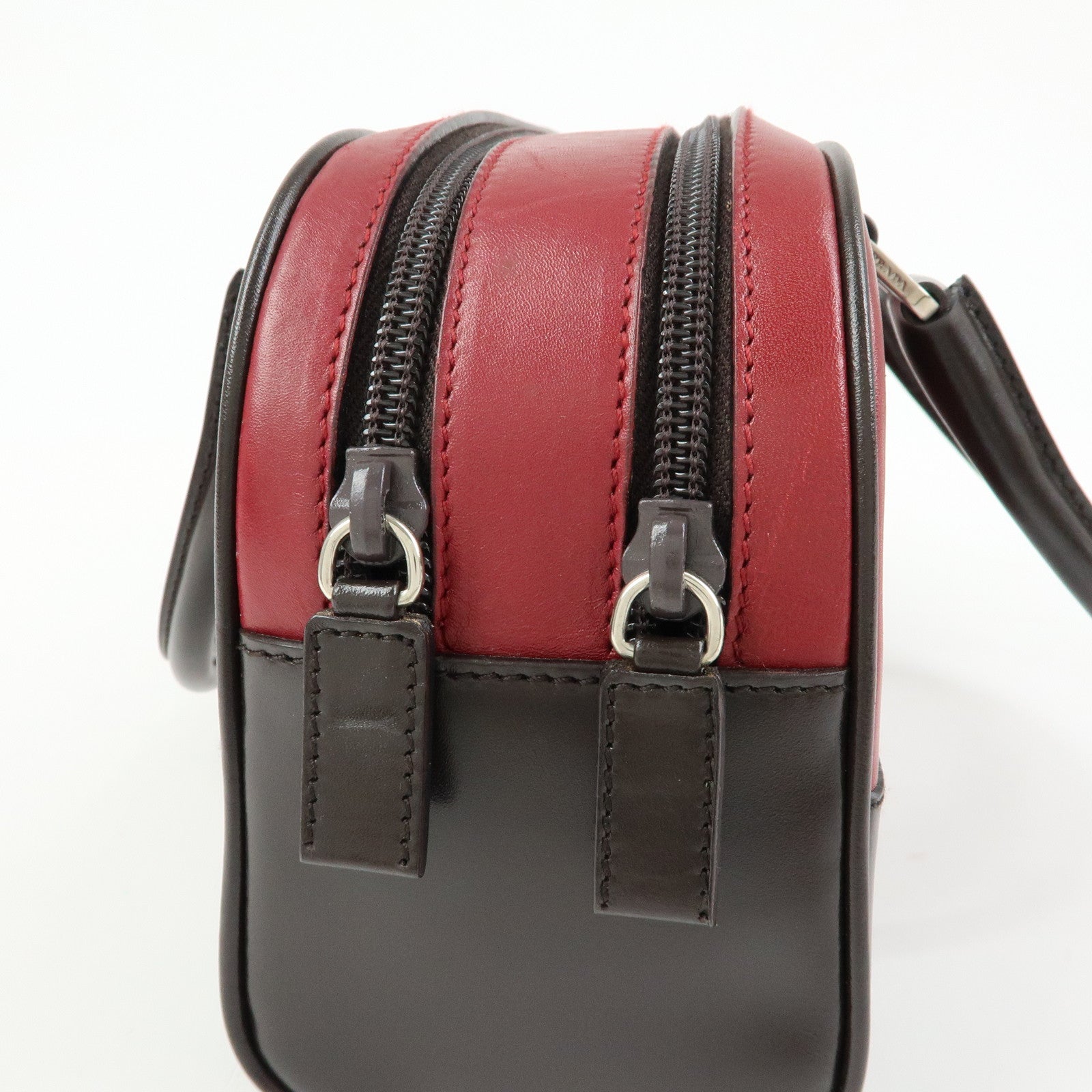 PRADA Leather Bicolor Hand Bag Mini Boston Bag Red Brown