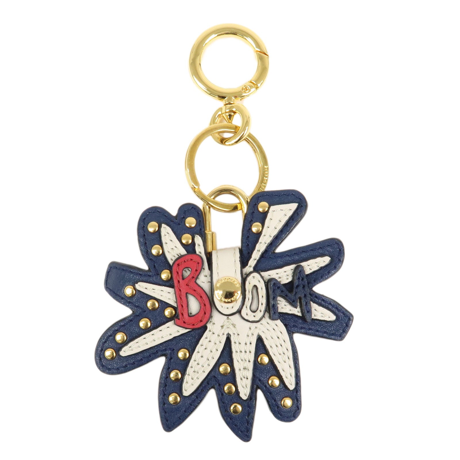 BURBERRY Leather Metal Bag Charm Key Holder Navy Gold