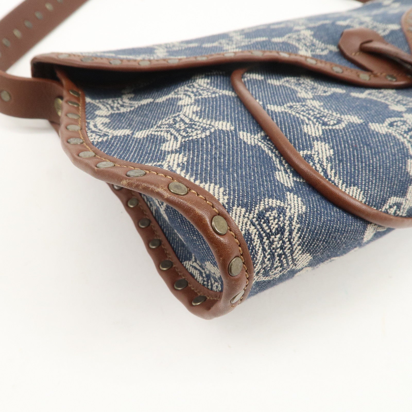 CELINE Macadam Canvas Leather Shoulder Bag Hand Bag Navy Brown