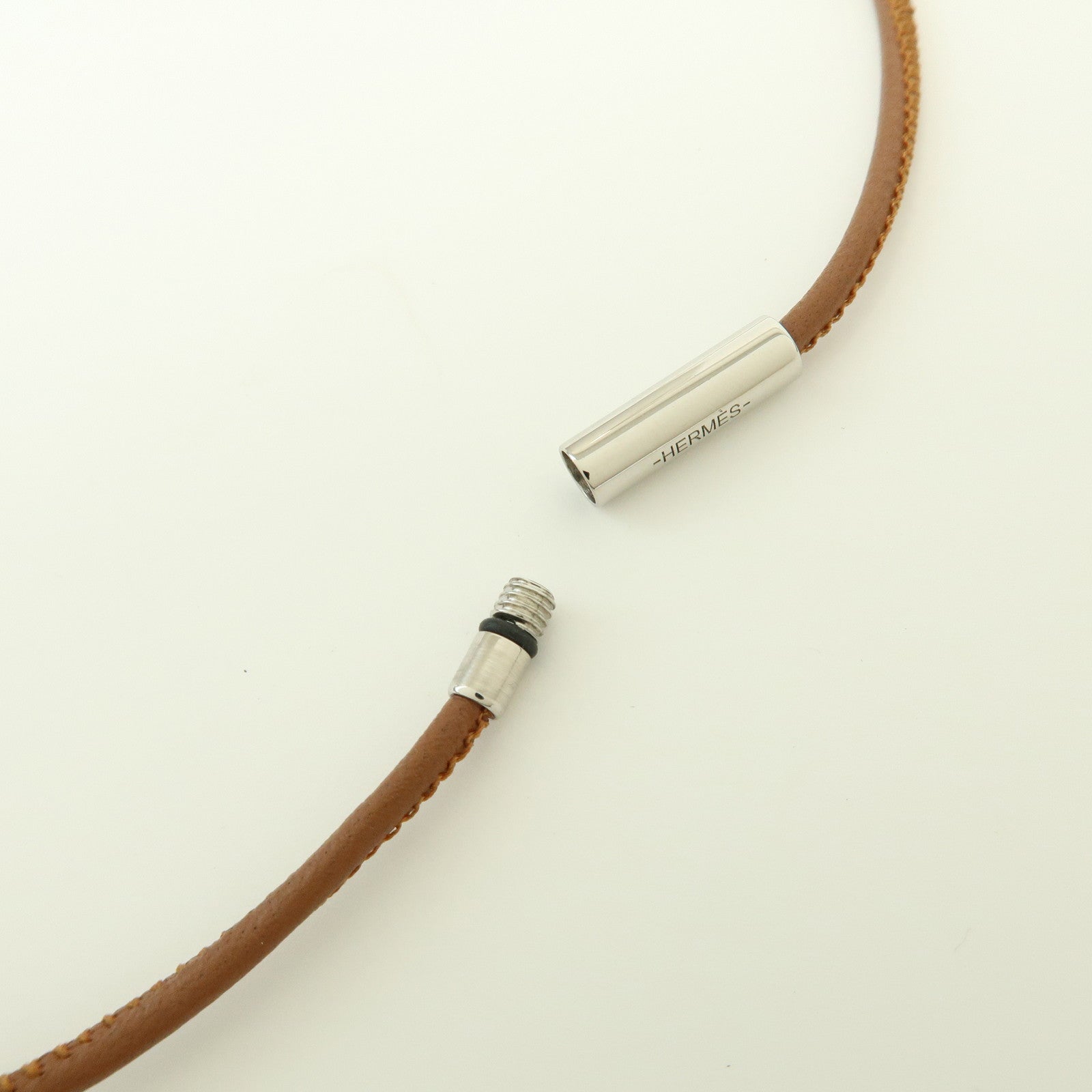 HERMES Logo Leather Metal Necklace Brown Pink Light Blue