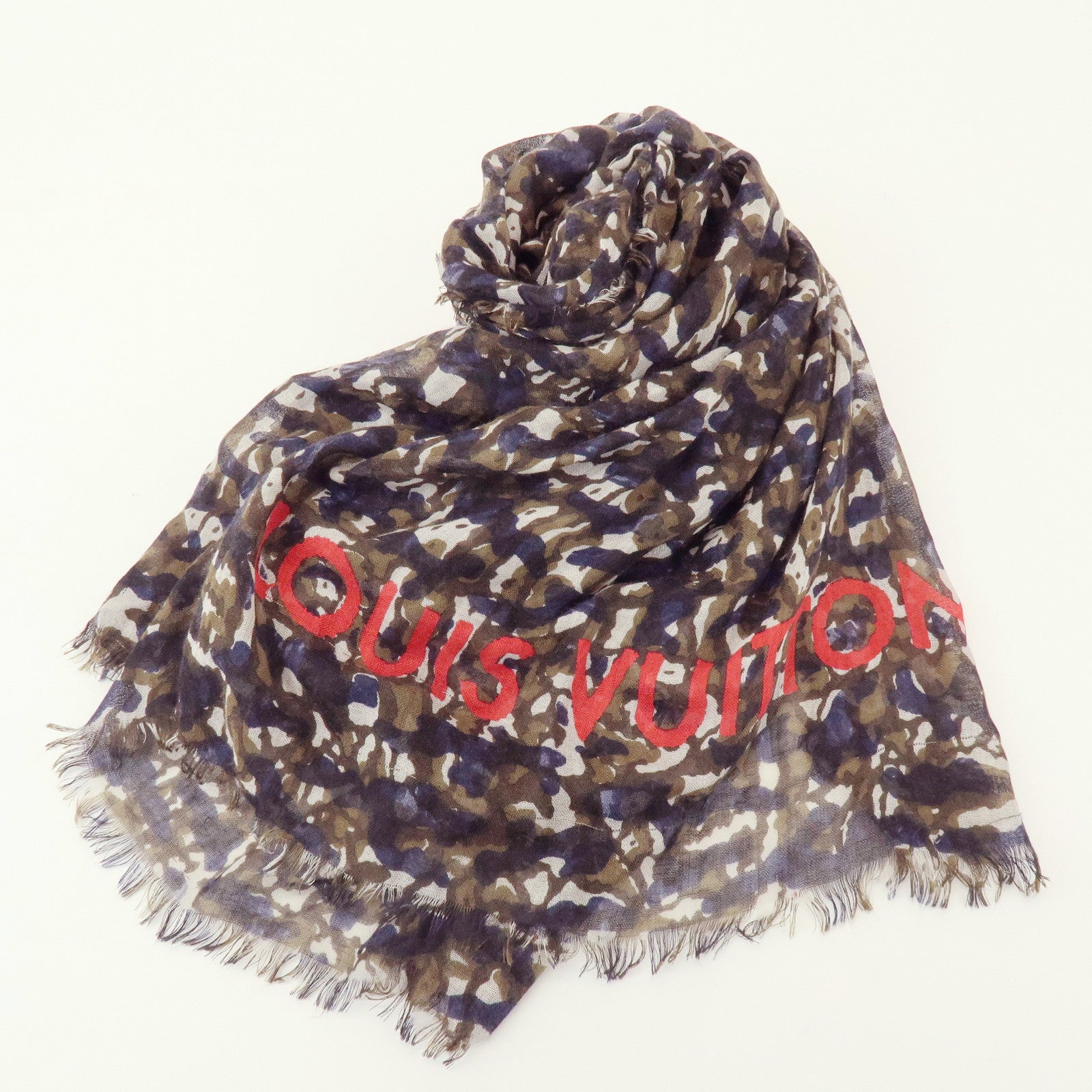 Louis Vuitton Cashmere Silk Scarf Shawl Camouflage Khaki M75136