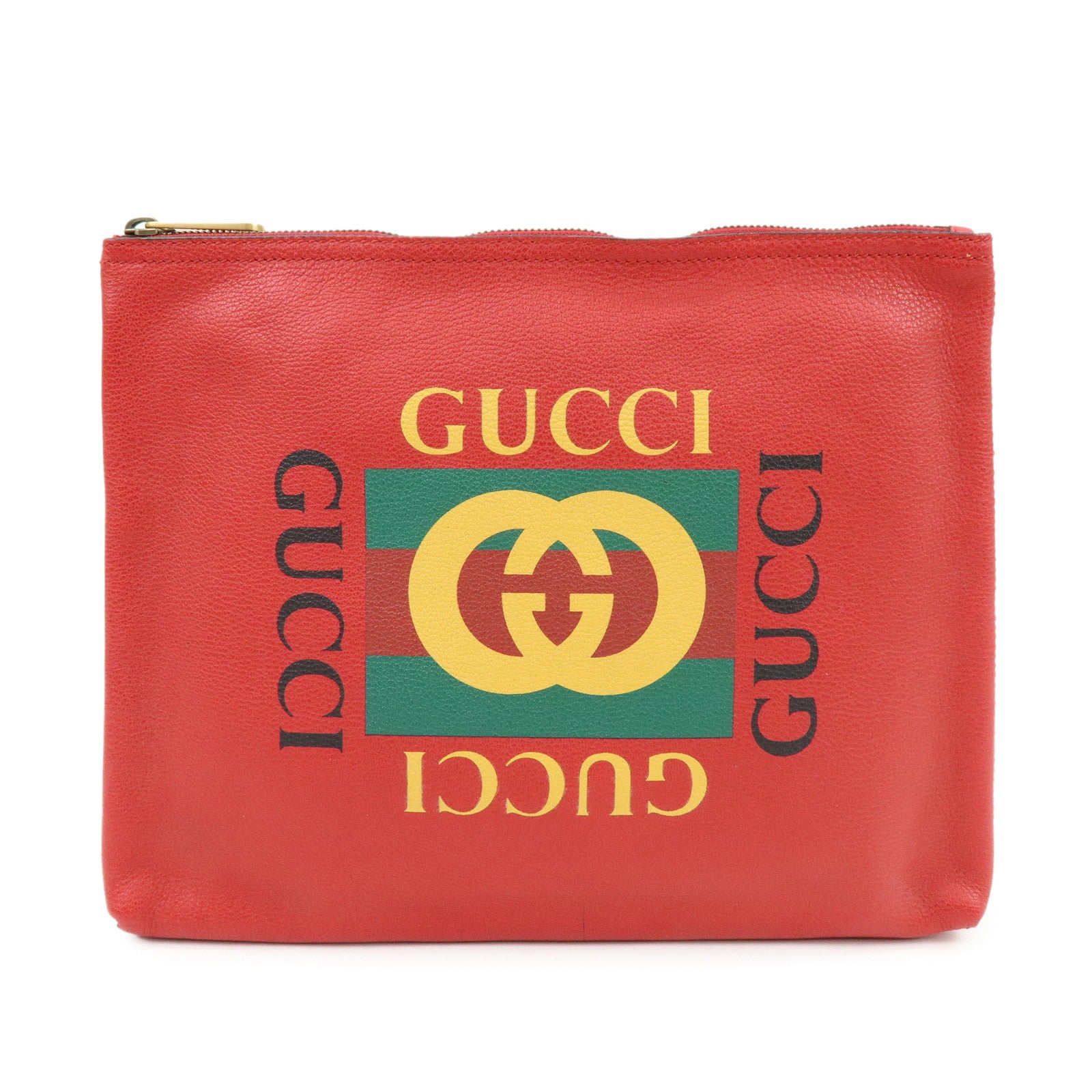 GUCCI Vintage Logo Medium Portfolio Leather Clutch Bag Red 500981