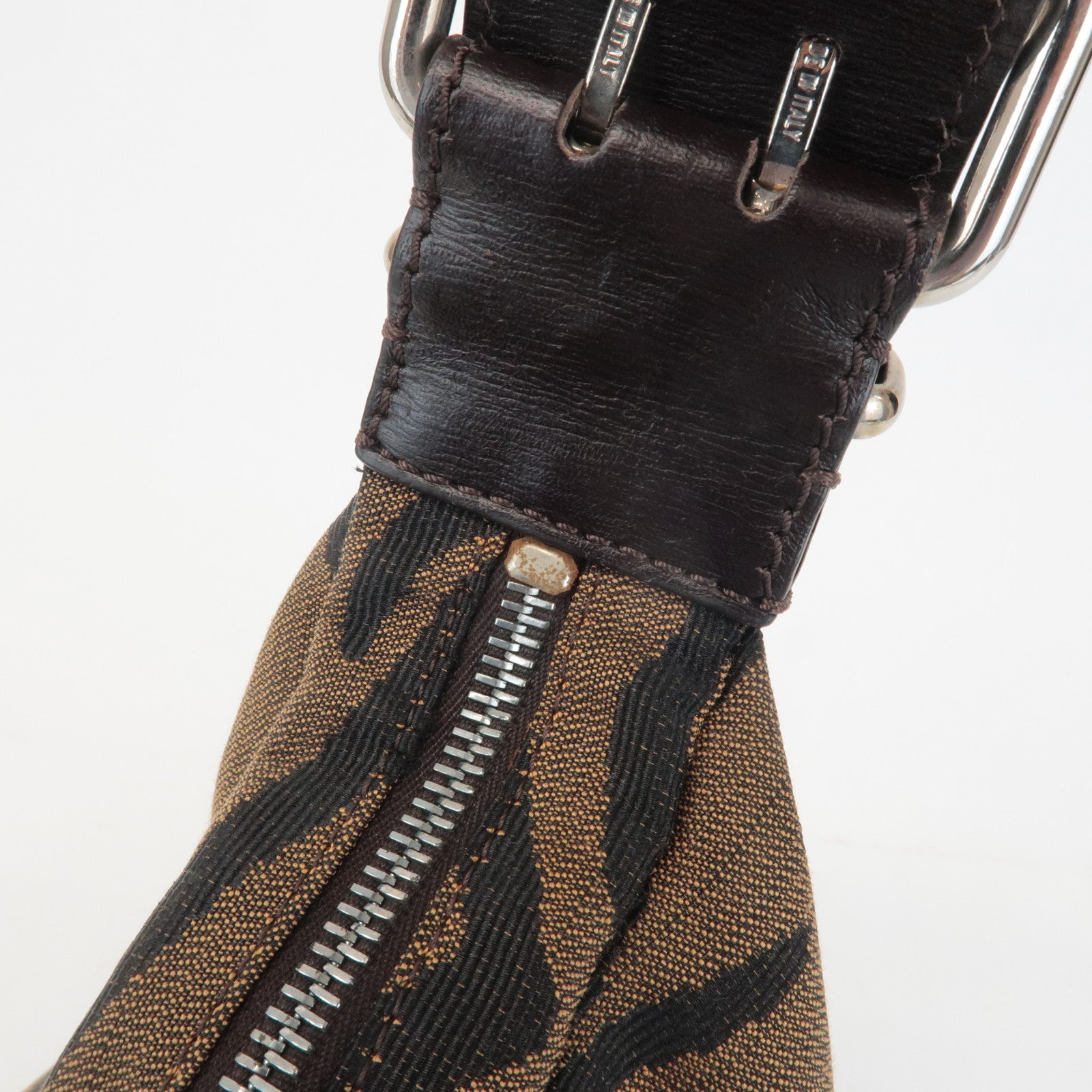 FENDI Zebra Leather Canvas Shoulder Bag Hand Bag Black Brown Used