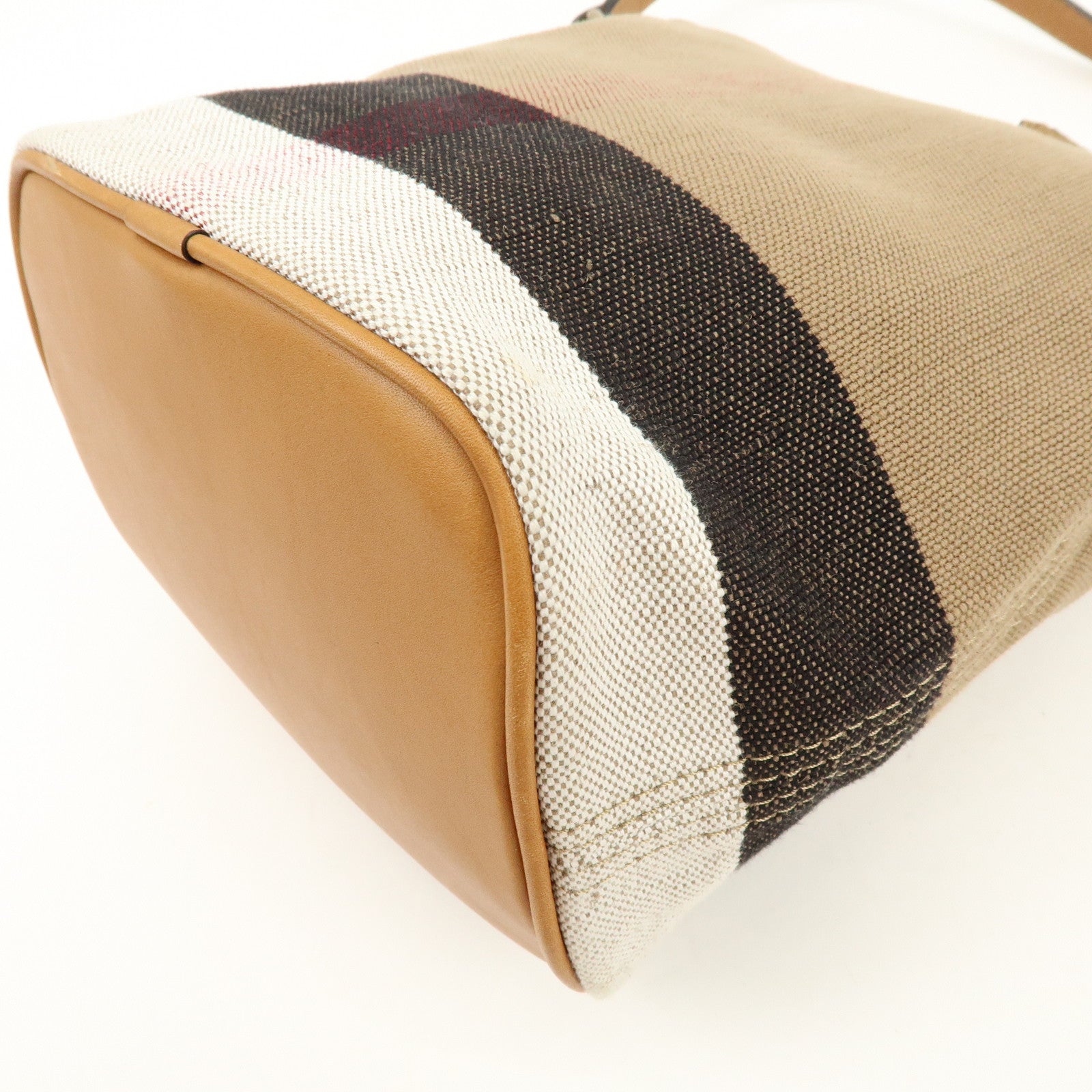 BURBERRY Nova Plaid Canvas Leather Tassel Shoulder Bag Beige Camel