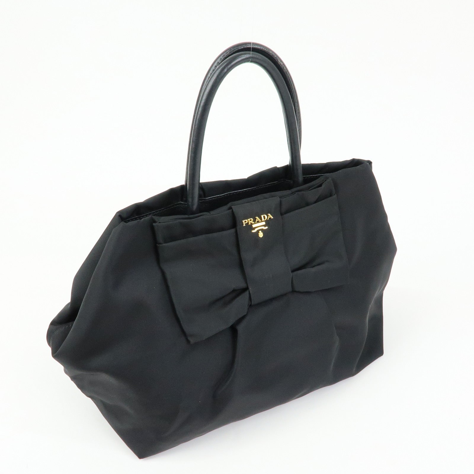 PRADA Ribbon Nylon Leather Hand Bag Tote Bag Black BN1601